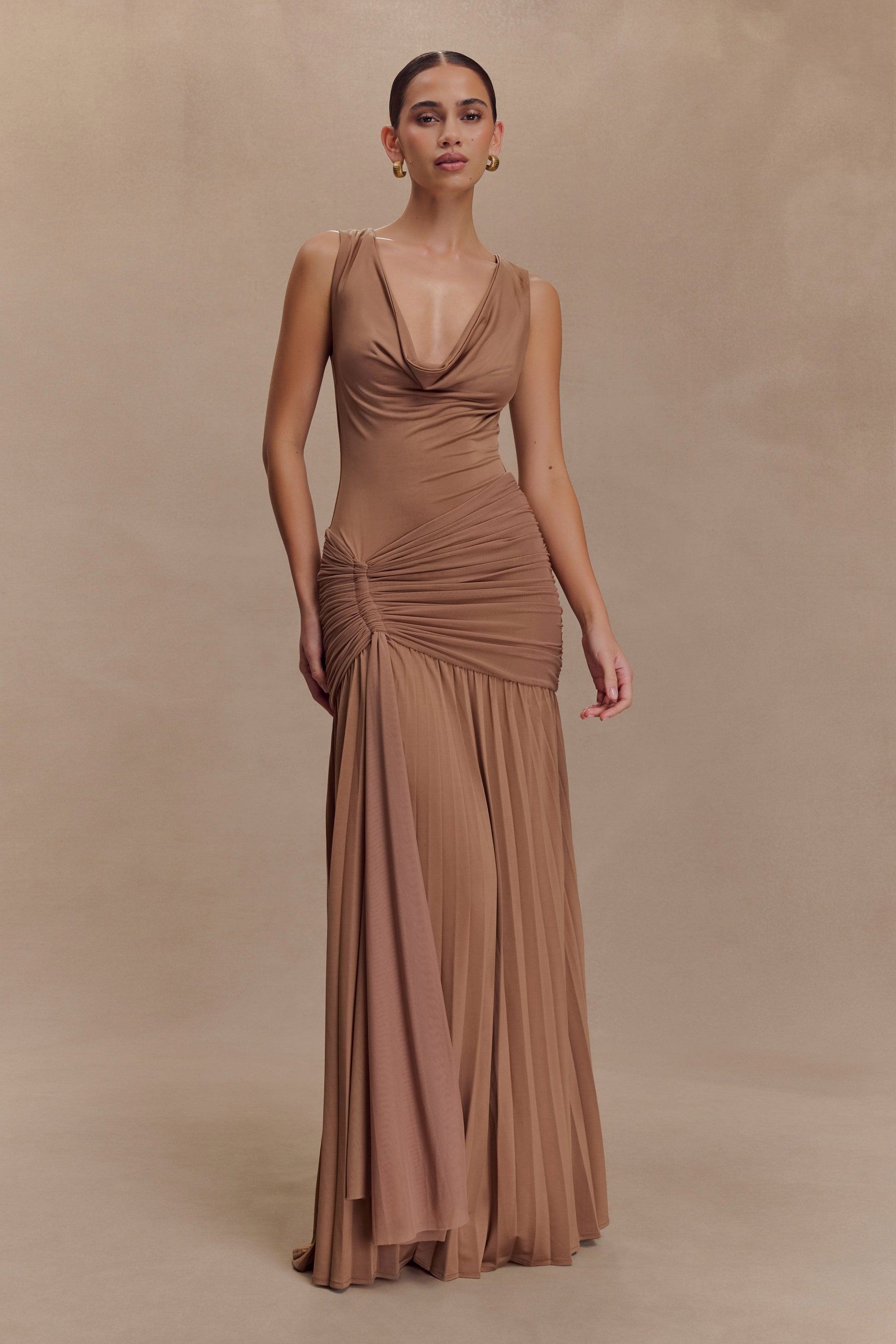 Dania Cowl Neck Slinky Maxi Dress - Mocha Mousse Dania Cowl Neck Slinky Maxi Dress - Mocha Mousse