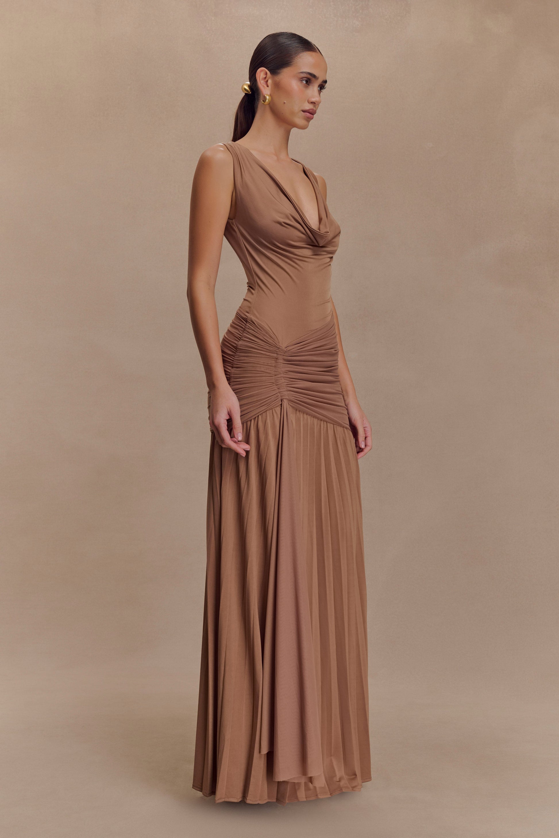 Dania Cowl Neck Slinky Maxi Dress - Mocha Mousse #3