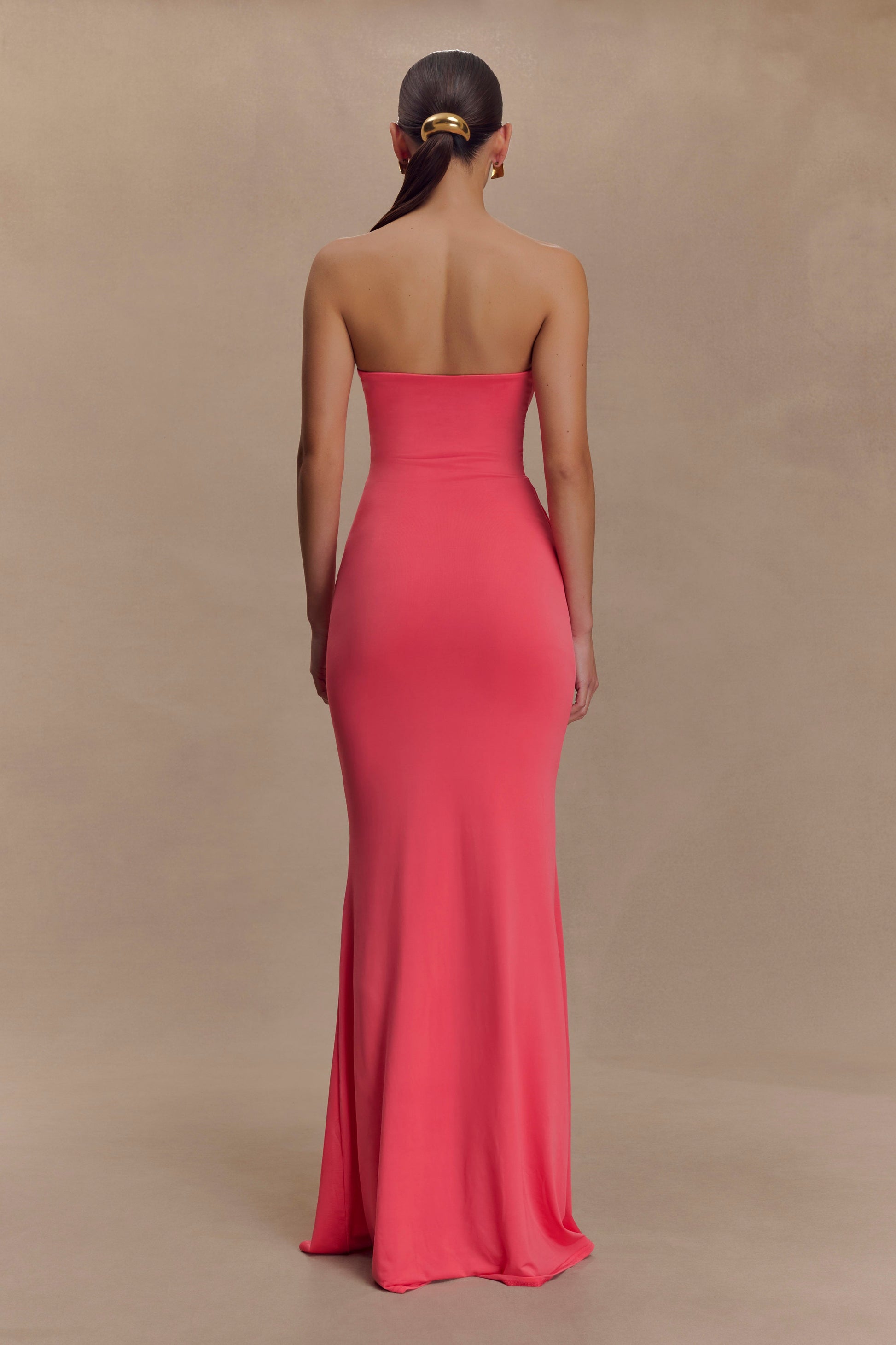 Madison Strapless Slinky Maxi Dress - Coral | MESHKI UK Madison Strapless Slinky Maxi Dress - Coral | MESHKI UK