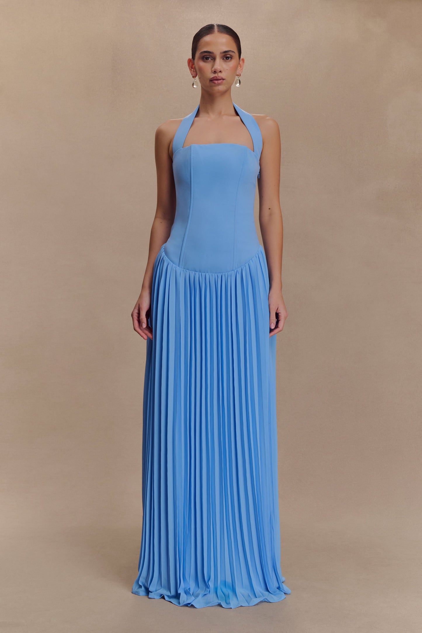 Stacie Pleated Halter Maxi Dress - Bright Blue
