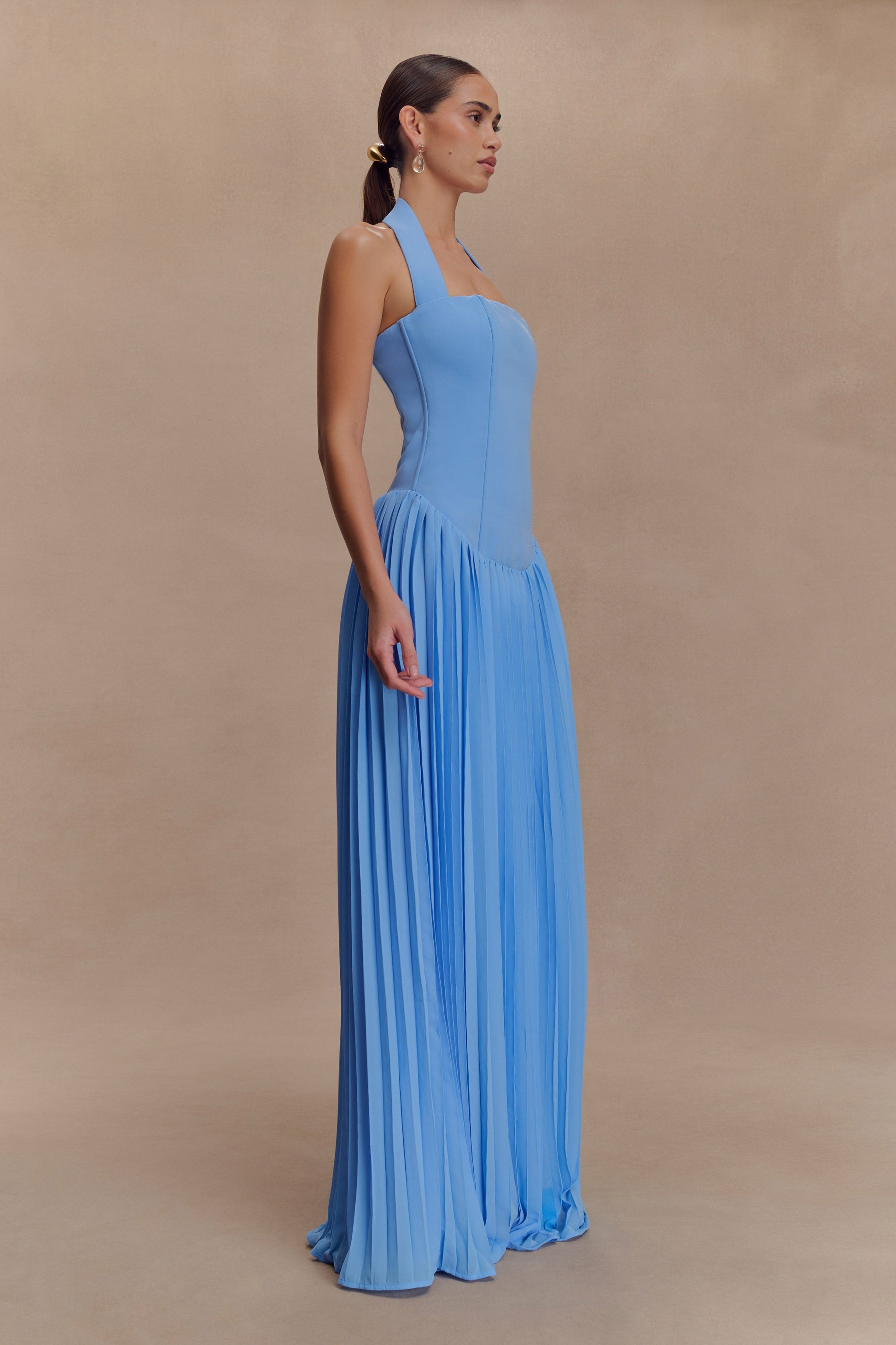 Stacie Pleated Halter Maxi Dress - Bright Blue #4