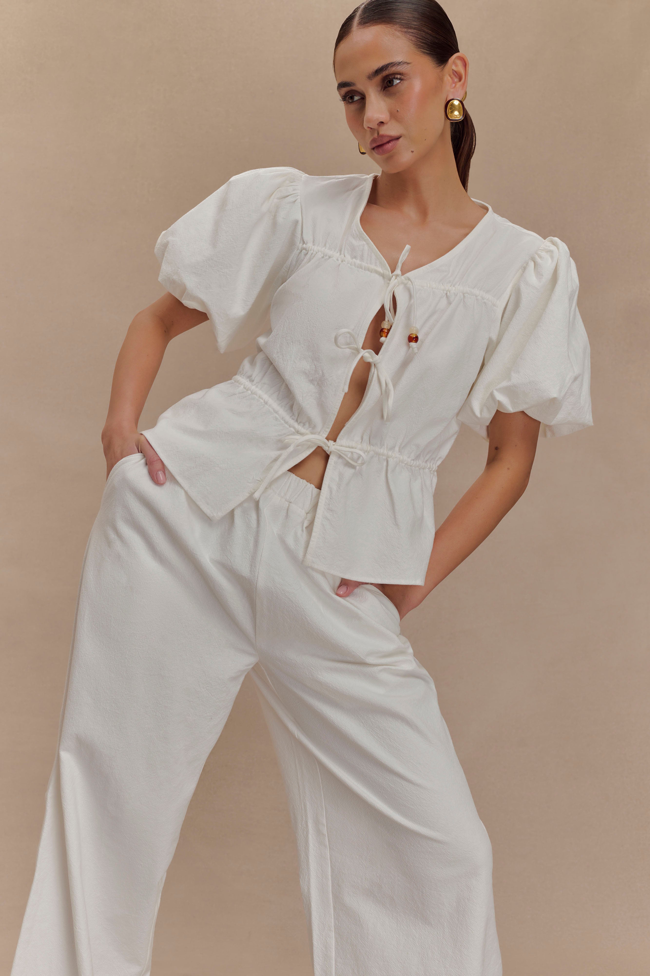 Emilie Puff Sleeve Cotton Top - White | MESHKI UK