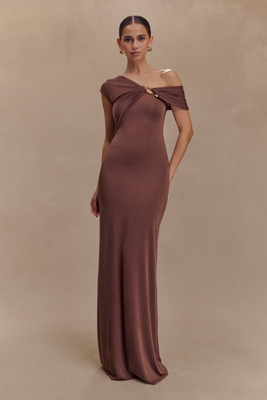 Ashford Asymmetrical Slinky Maxi Dress - Chocolate