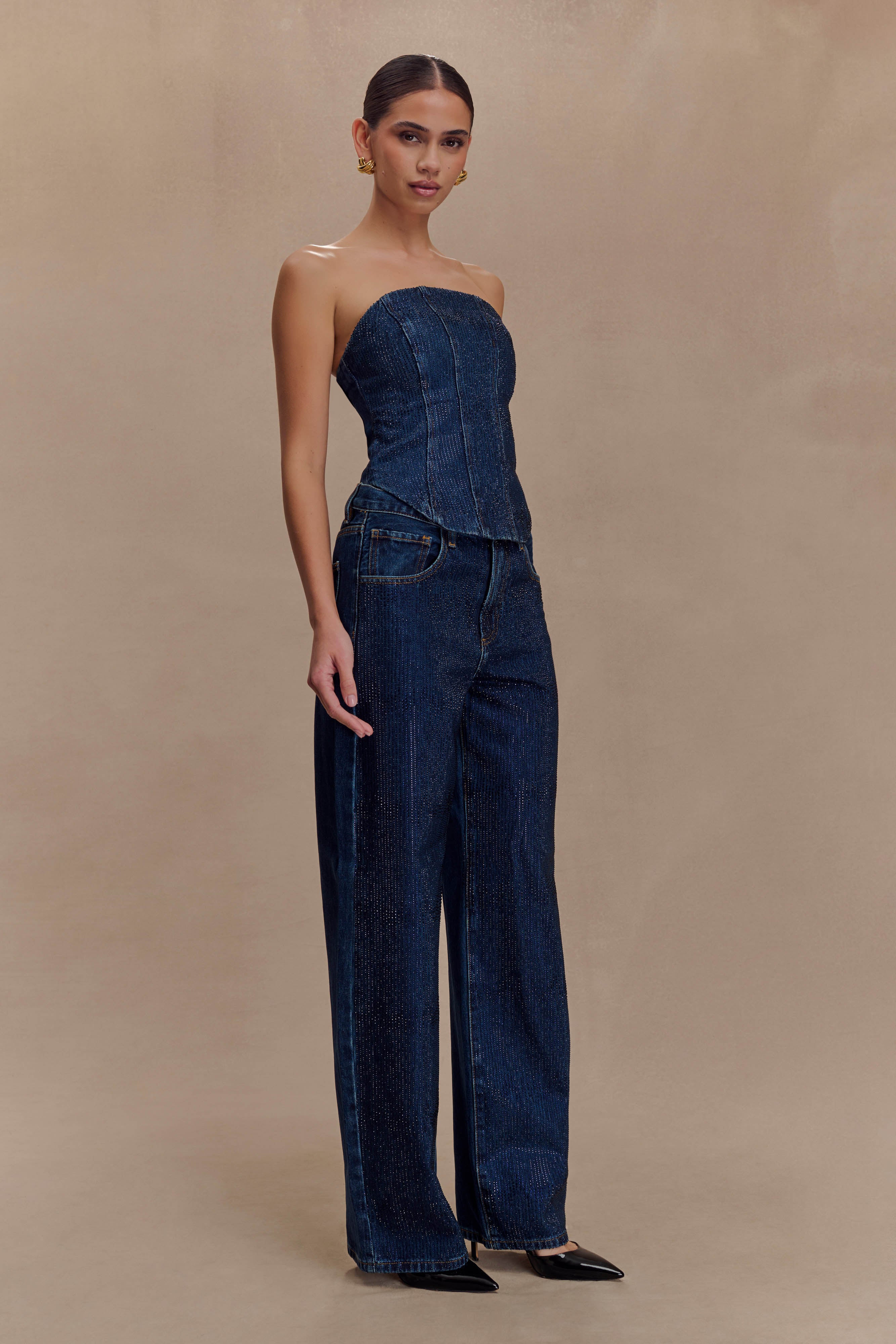 Monte Strapless Diamante Denim Corset - Midnight Blue | MESHKI UK