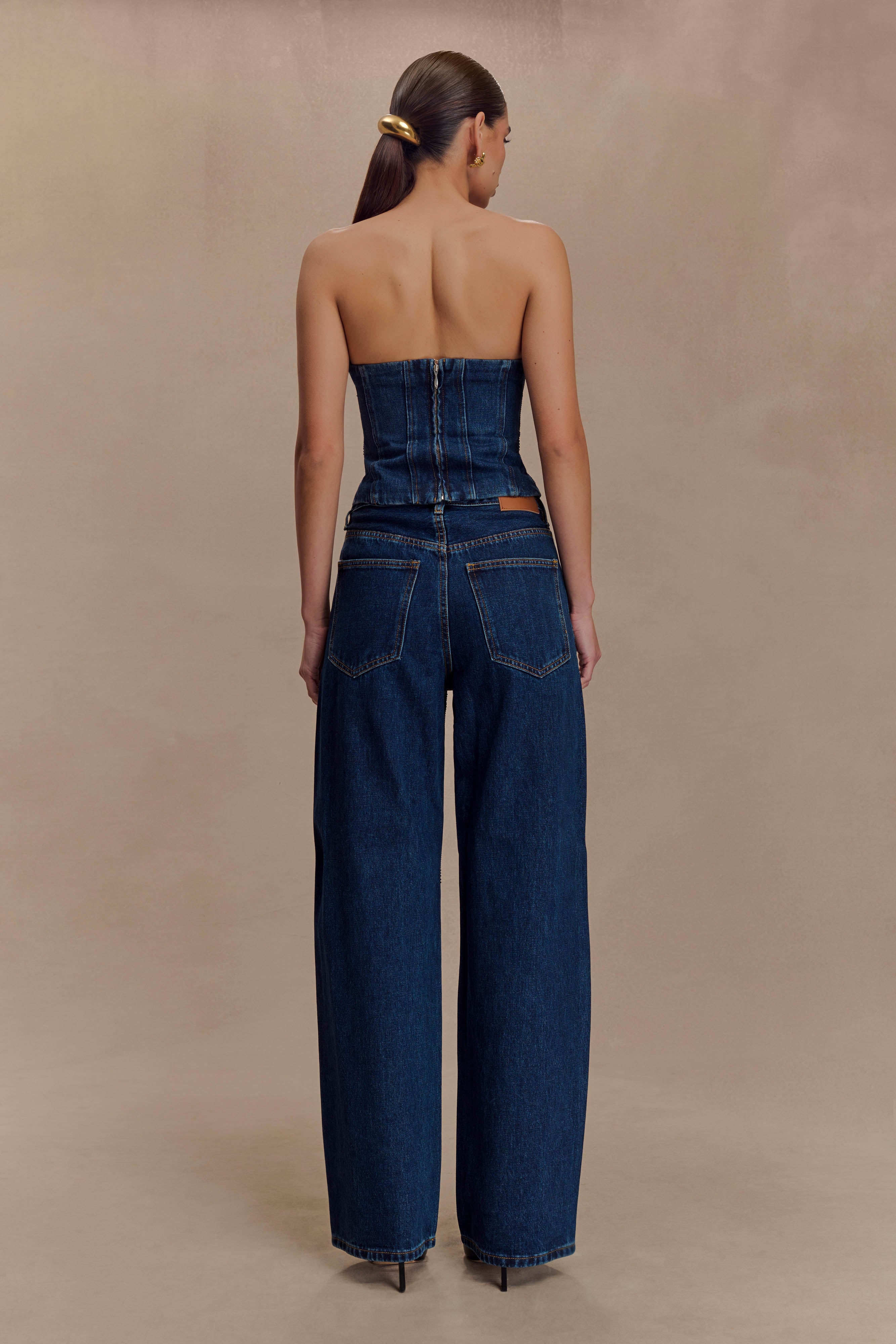 Laina Mid Rise Diamante Denim Jeans - Midnight Blue | MESHKI UK