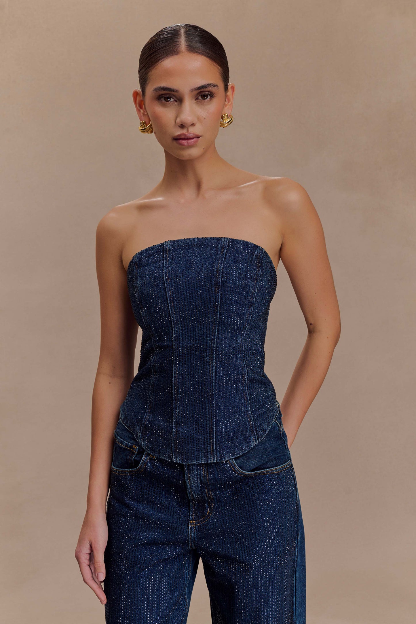 Monte Strapless Diamante Denim Corset - Midnight Blue