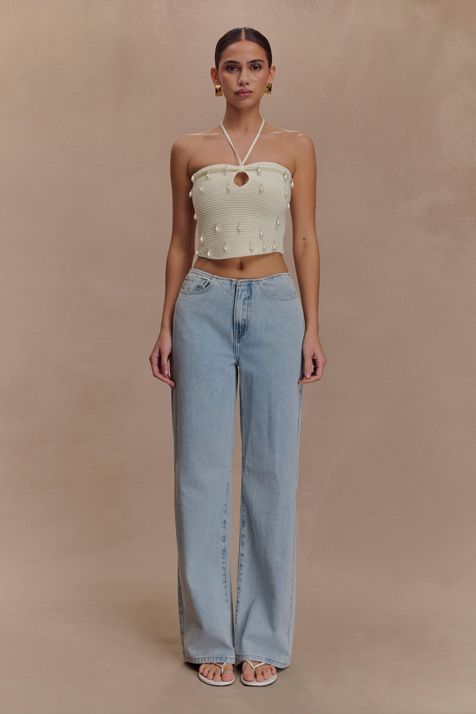 Aletta Knit Pearl Halter Top - Ivory #4