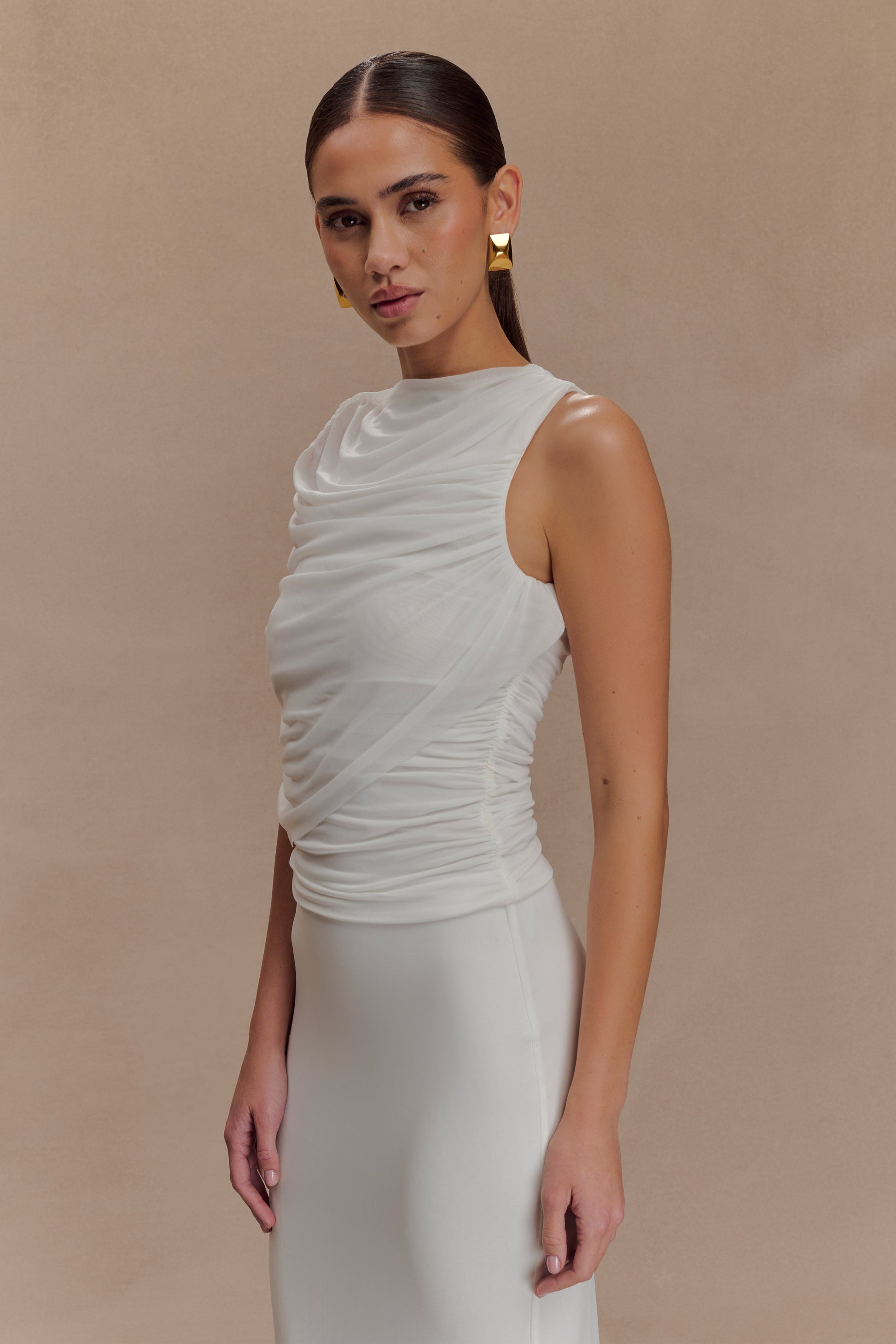 Pruedance Slinky Draped Top With Mesh Overlay - White #4