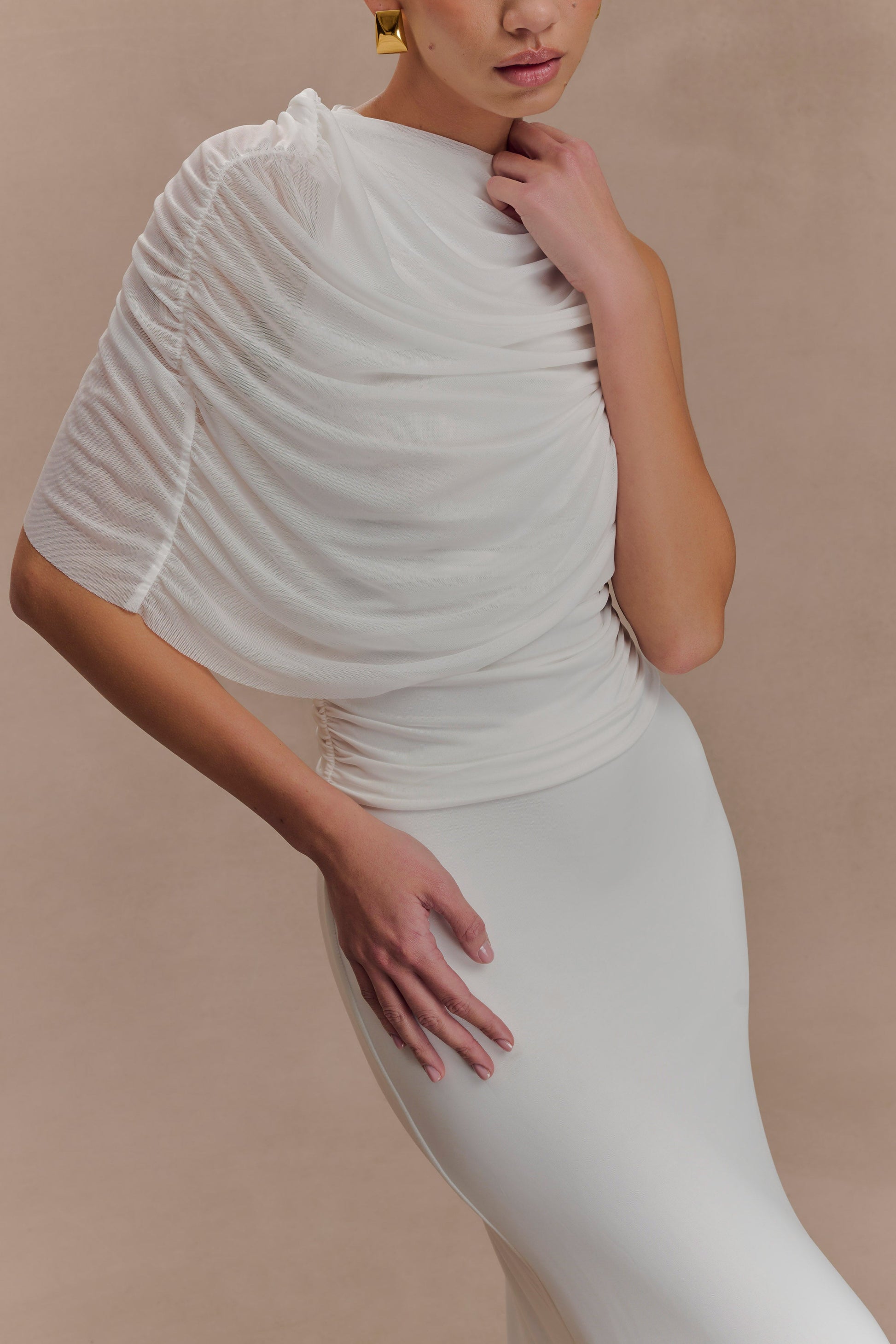 Pruedance Slinky Draped Top With Mesh Overlay - White #7