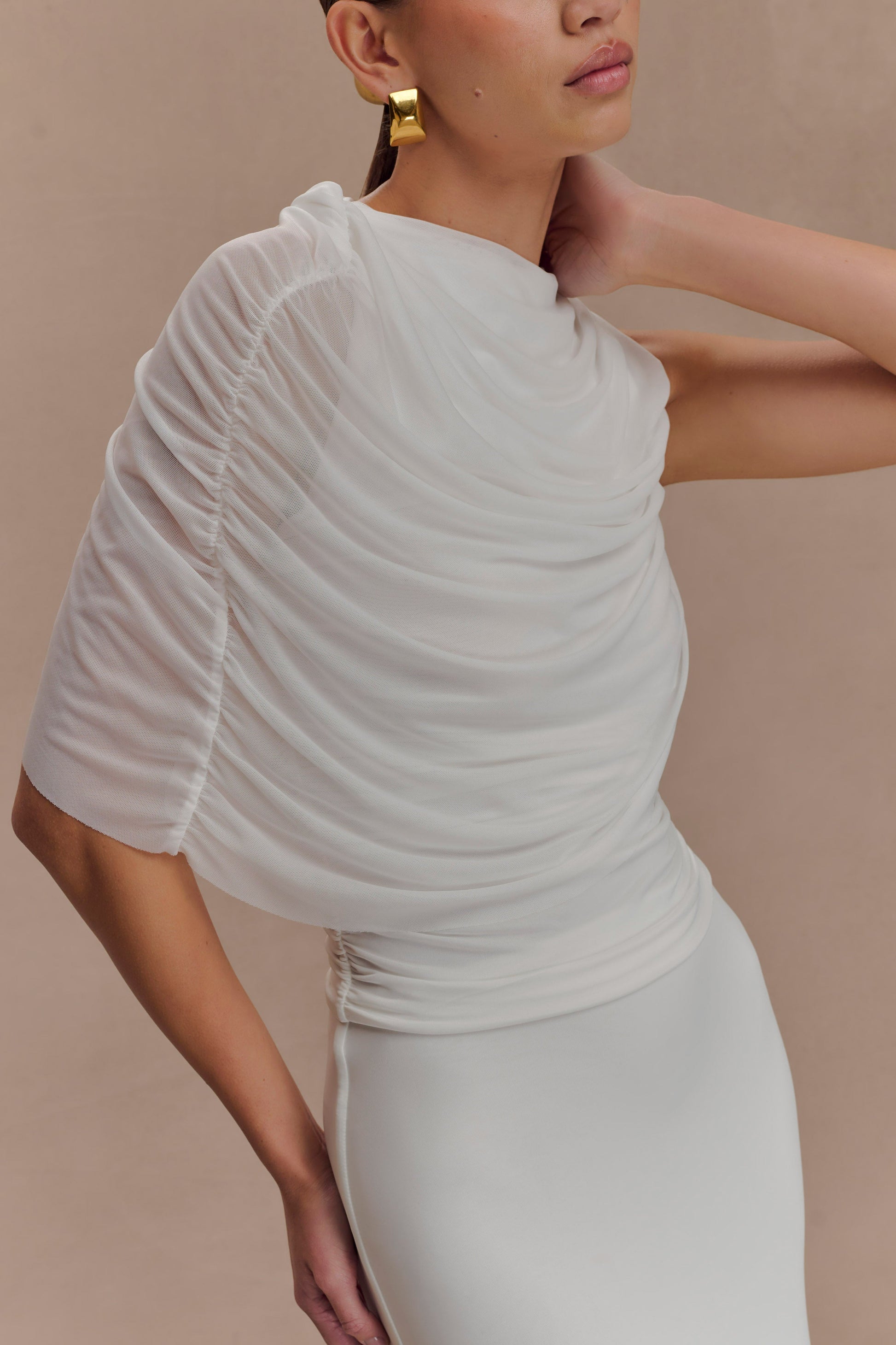 Pruedance Slinky Draped Top With Mesh Overlay - White #2
