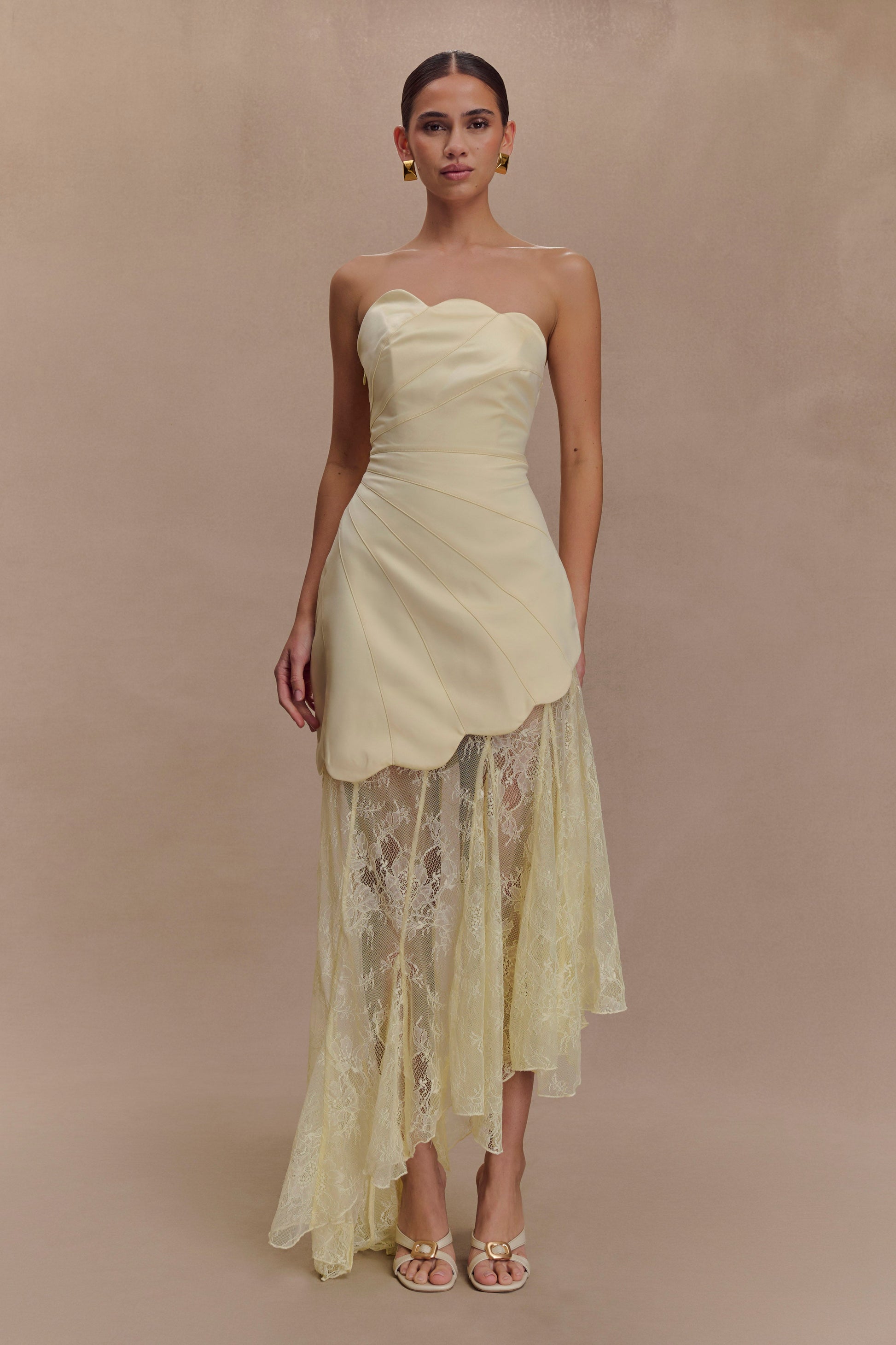 lemon maxi dress uk High Neck Draped Ruched Detail Maxi Dress In Lemon | EGO EU