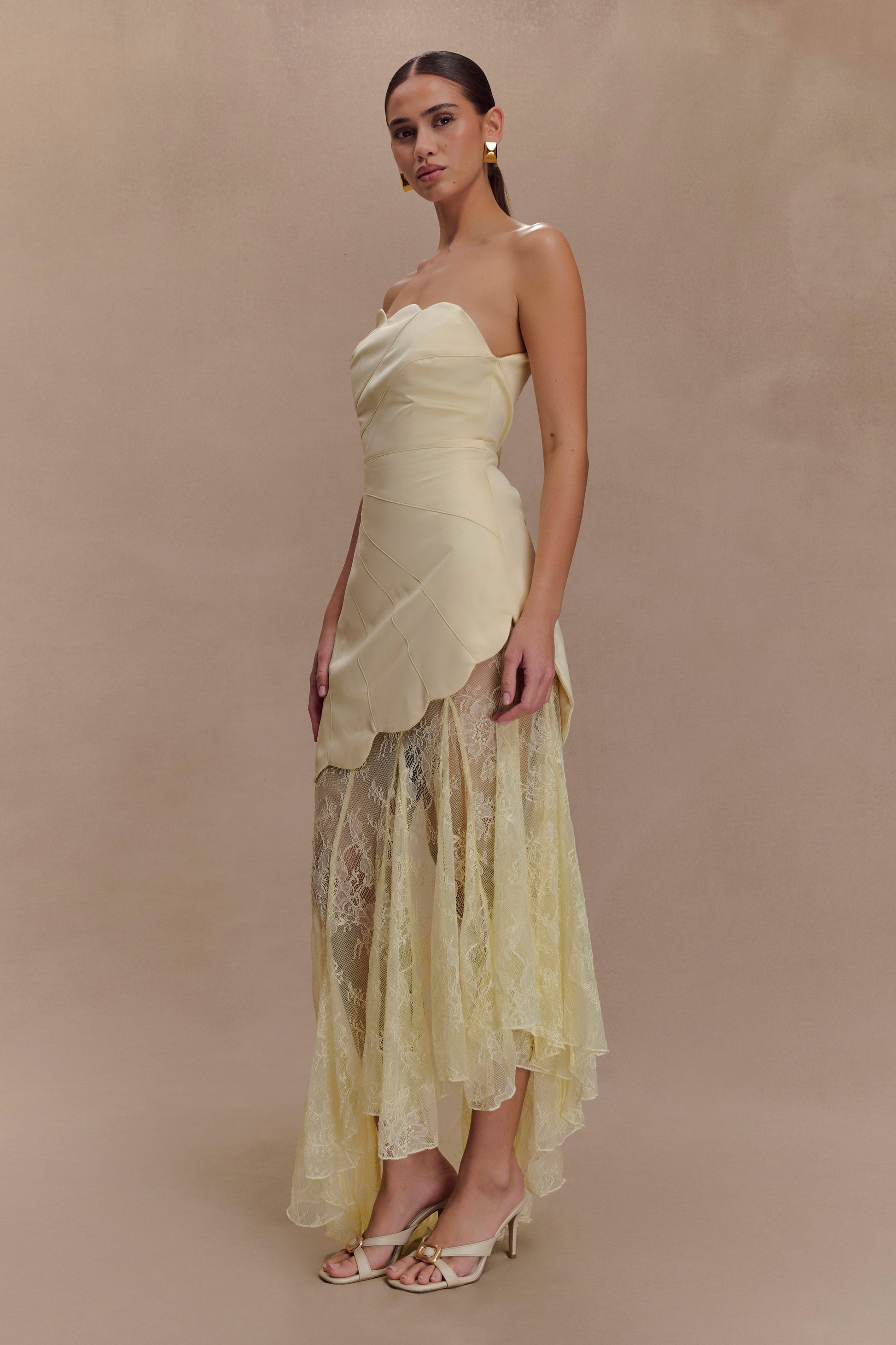 Aleena Satin And Lace Maxi Dress - Lemon #5