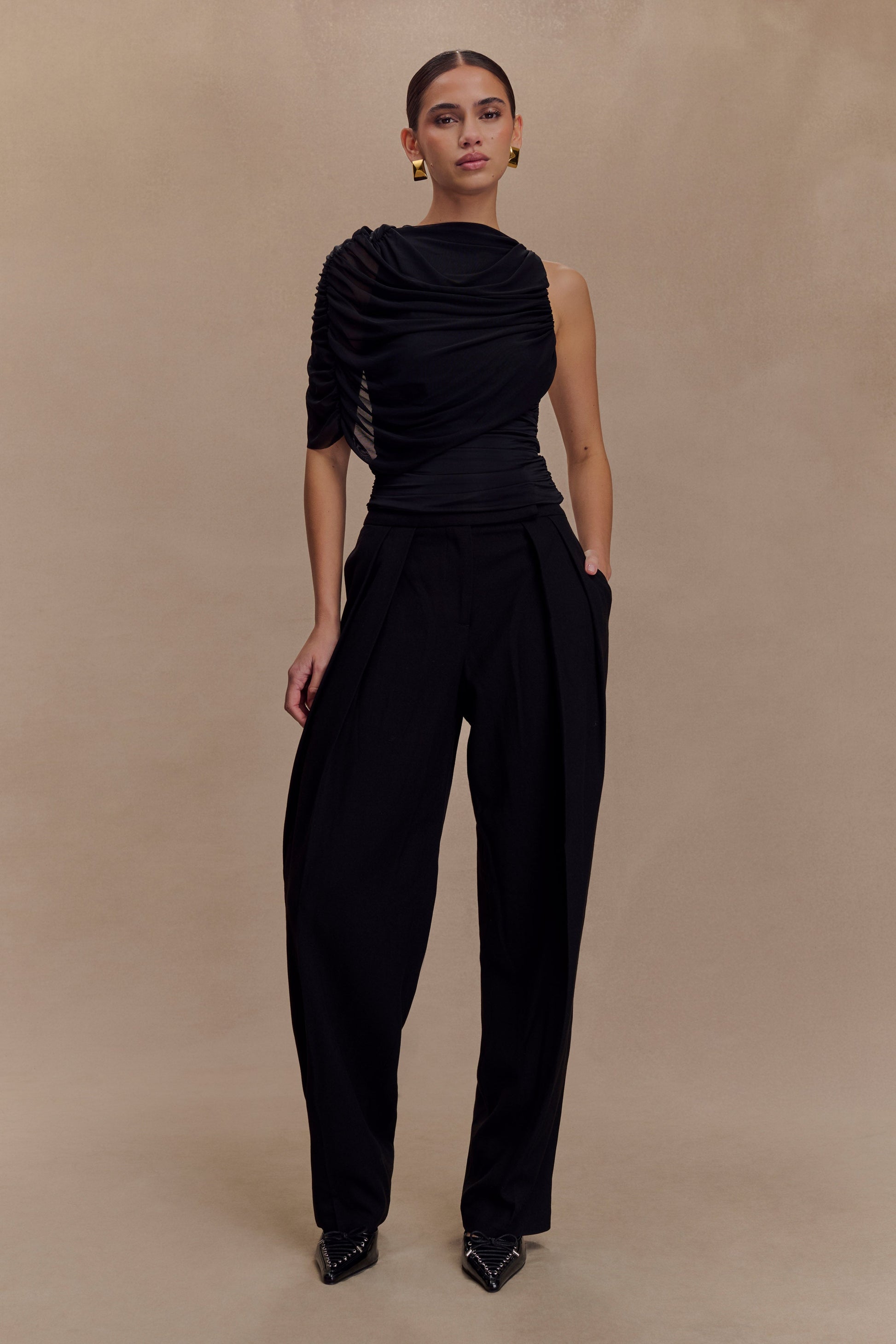 Pruedance Slinky Draped Top With Mesh Overlay - Black #5