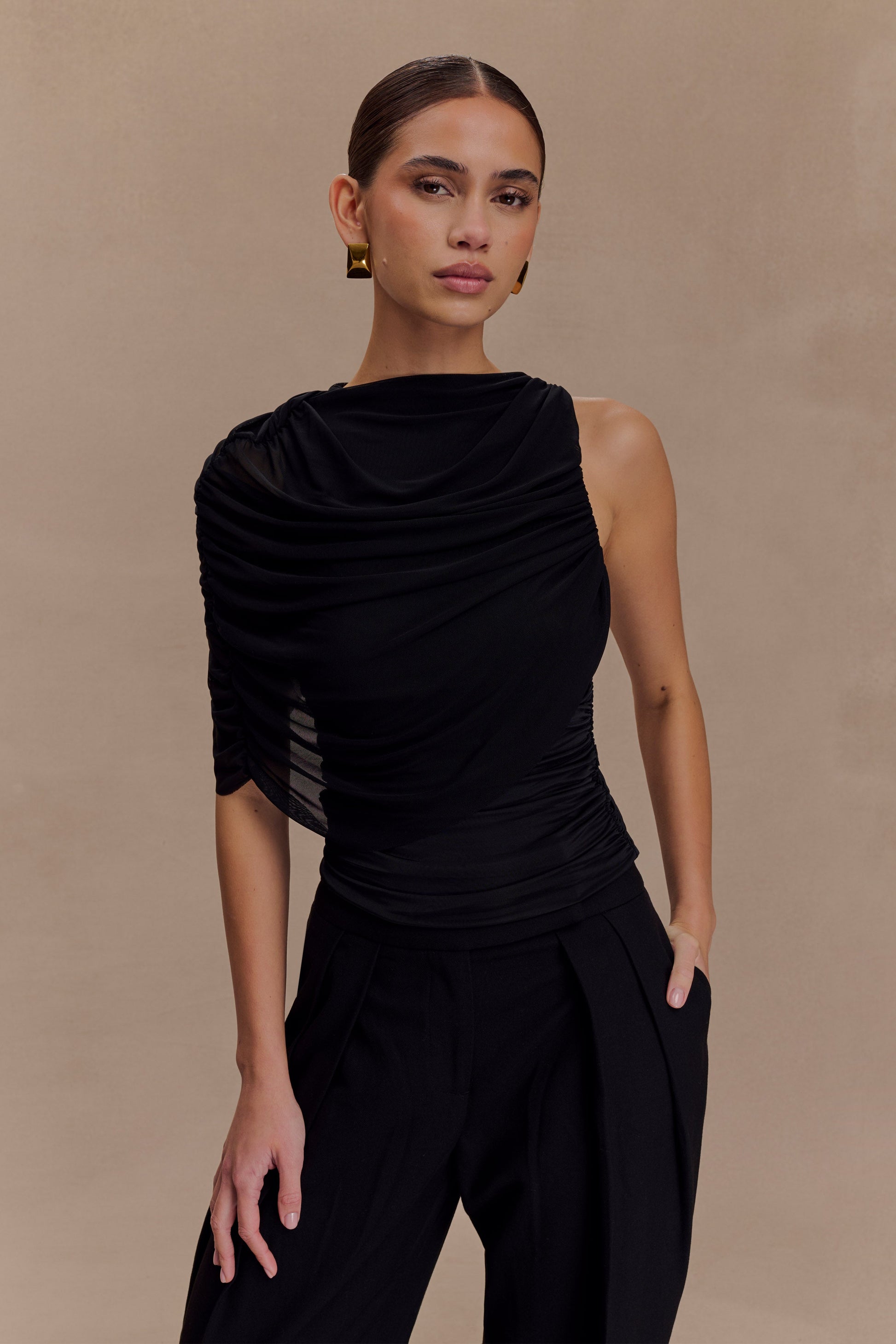 Pruedance Slinky Draped Top With Mesh Overlay - Black #3