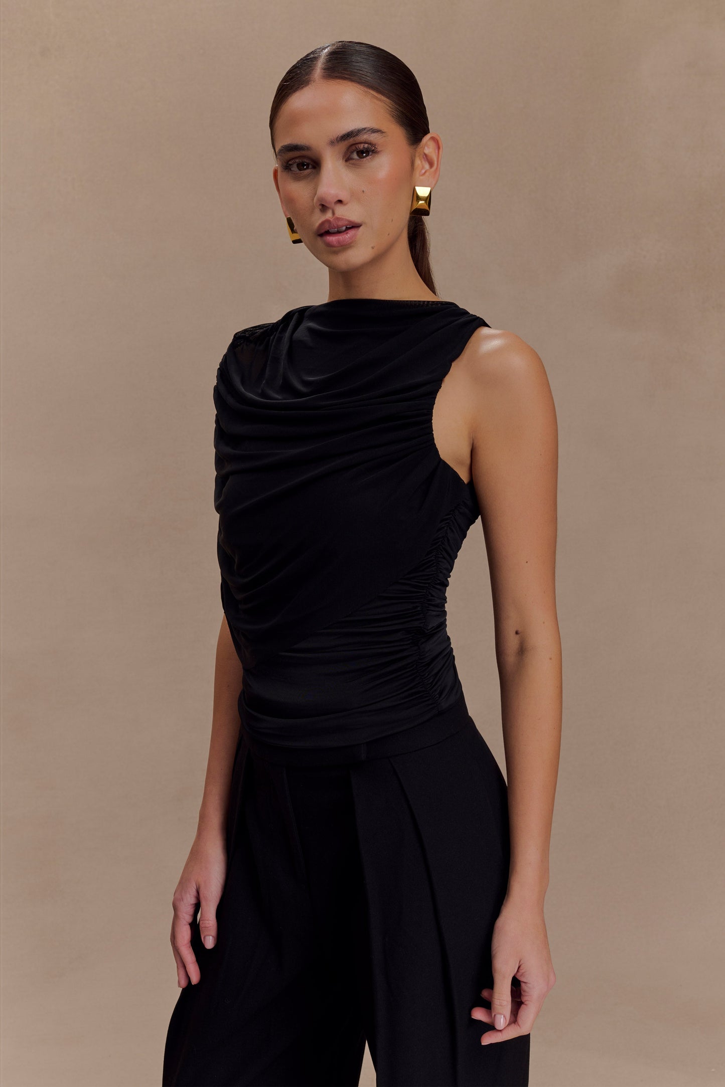 Pruedance Slinky Draped Top With Mesh Overlay - Black