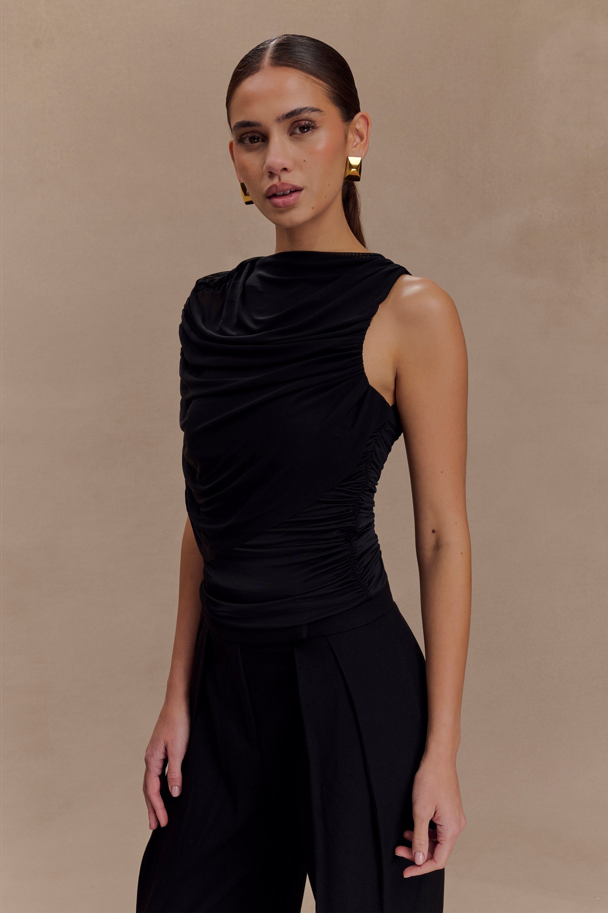 Pruedance Slinky Draped Top With Mesh Overlay - Black #4