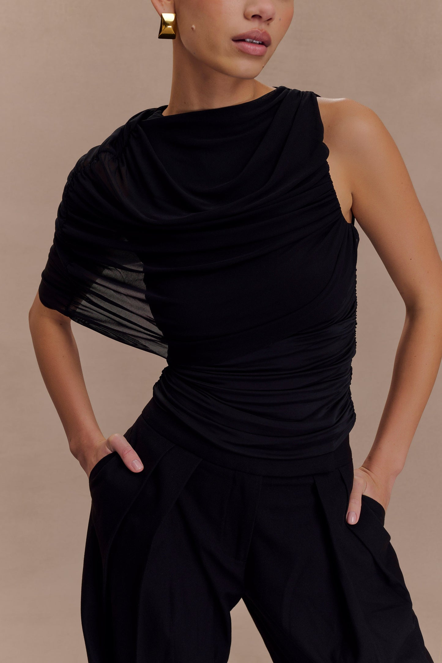 Pruedance Slinky Draped Top With Mesh Overlay - Black