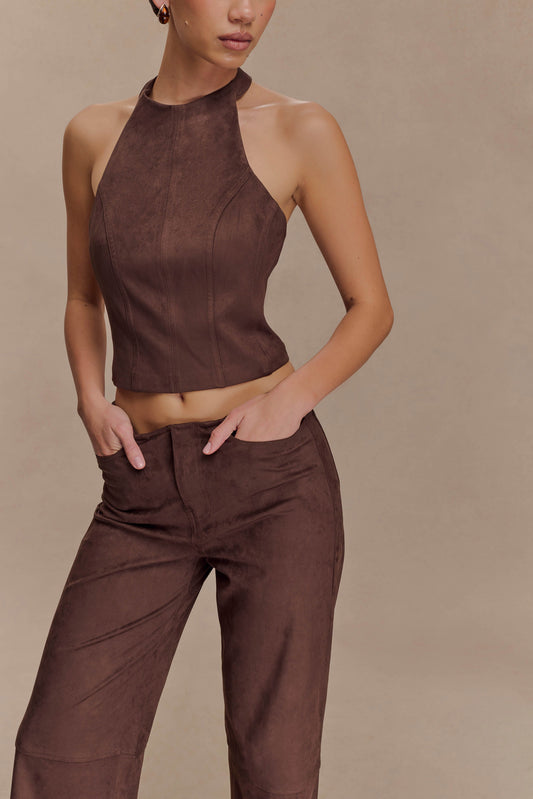 Logan Faux Suede Halter Top - Dark Chocolate