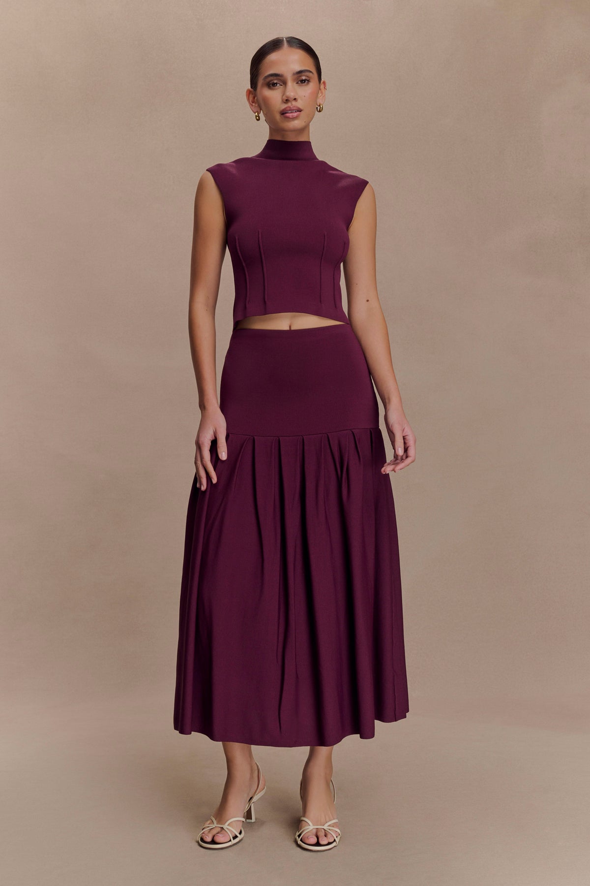 Romaine High Neck Bandage Knit Top - Wine