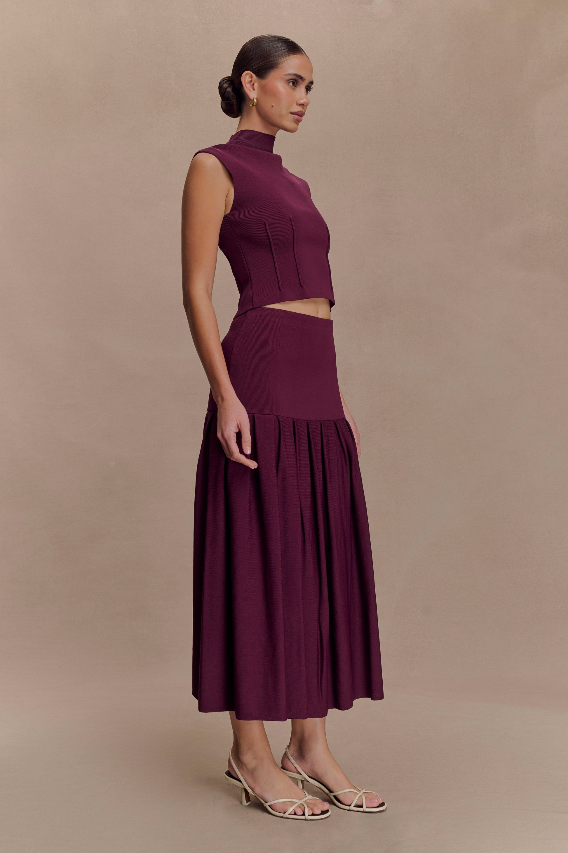 Romaine High Neck Bandage Knit Top - Wine #4