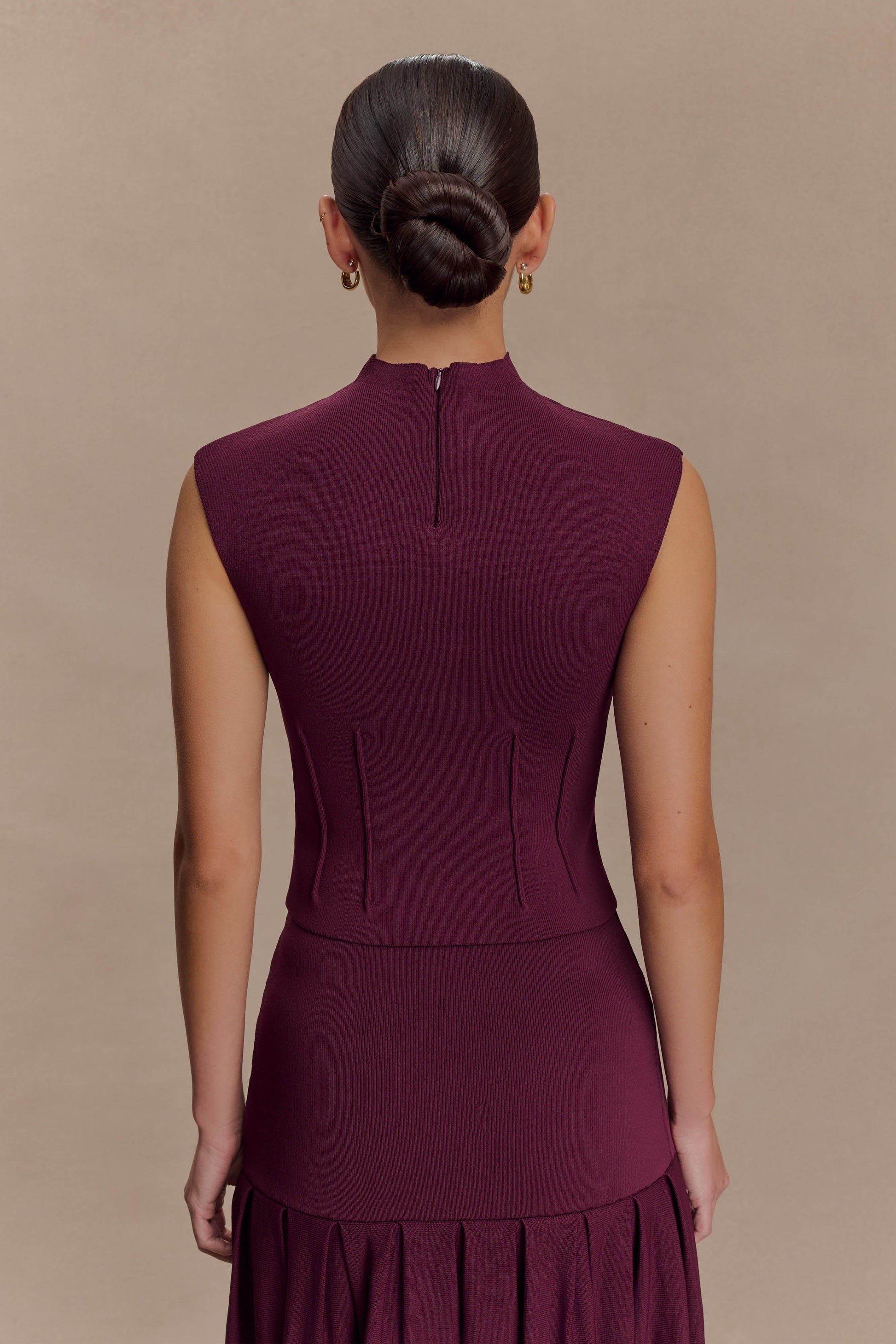 Romaine High Neck Bandage Knit Top - Wine #2