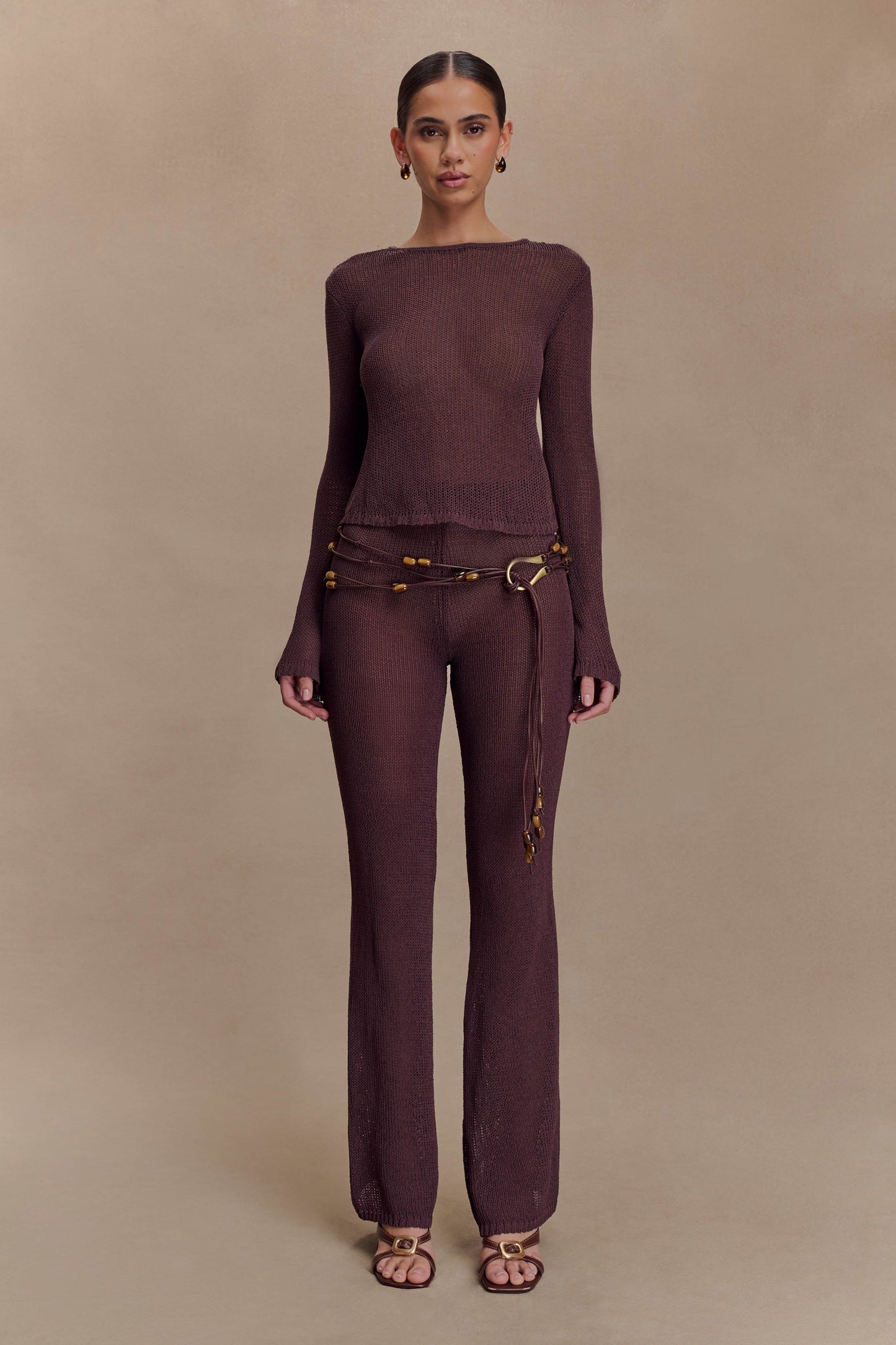 Enid Faux Leather Beaded Belt - Chocolate
