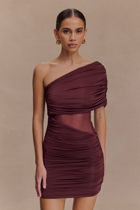 Dallas One Shoulder Mesh Mini Dress  - Mahogany
