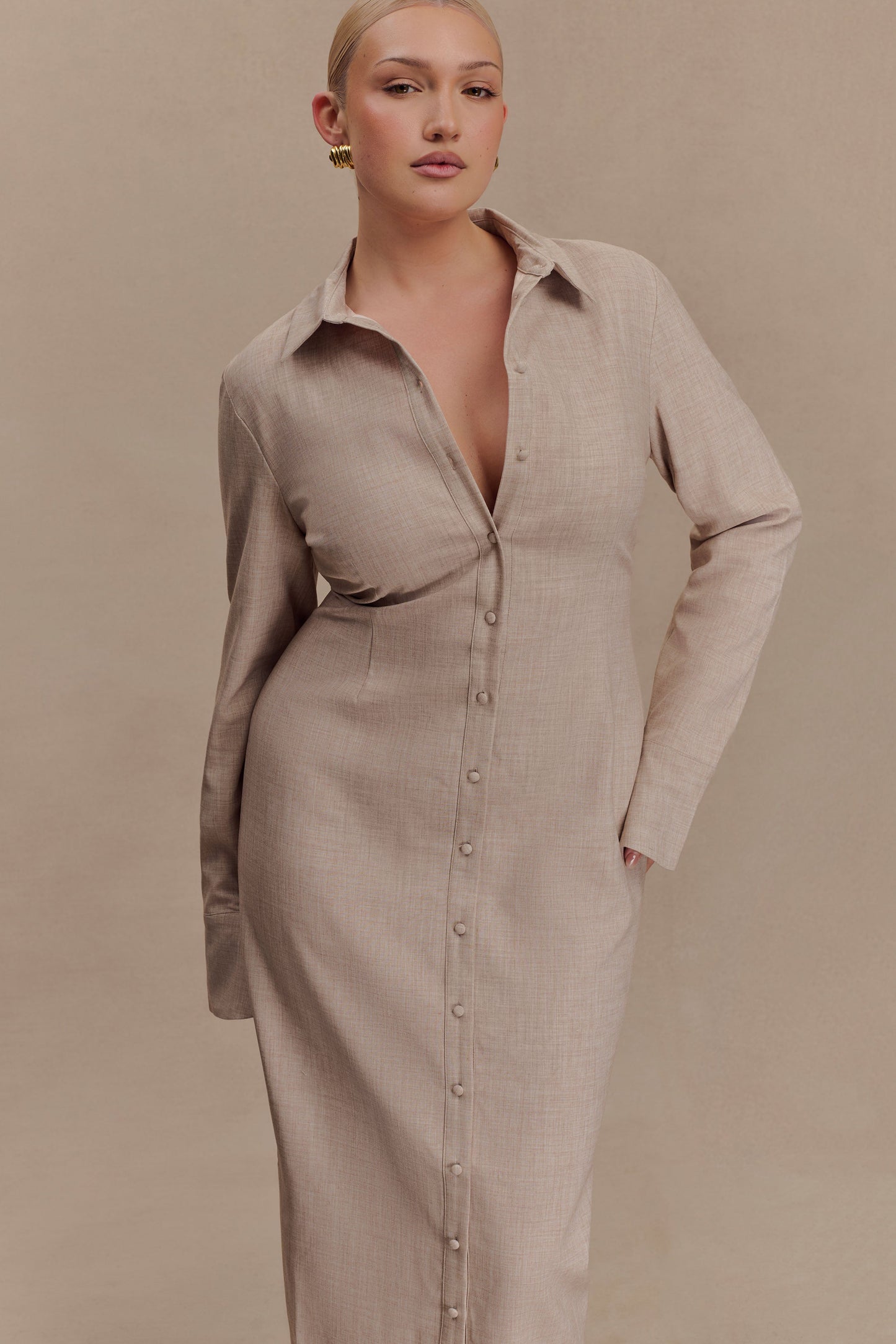 Dorian Fitted Shirt Midi Dress - Wheat Marle
