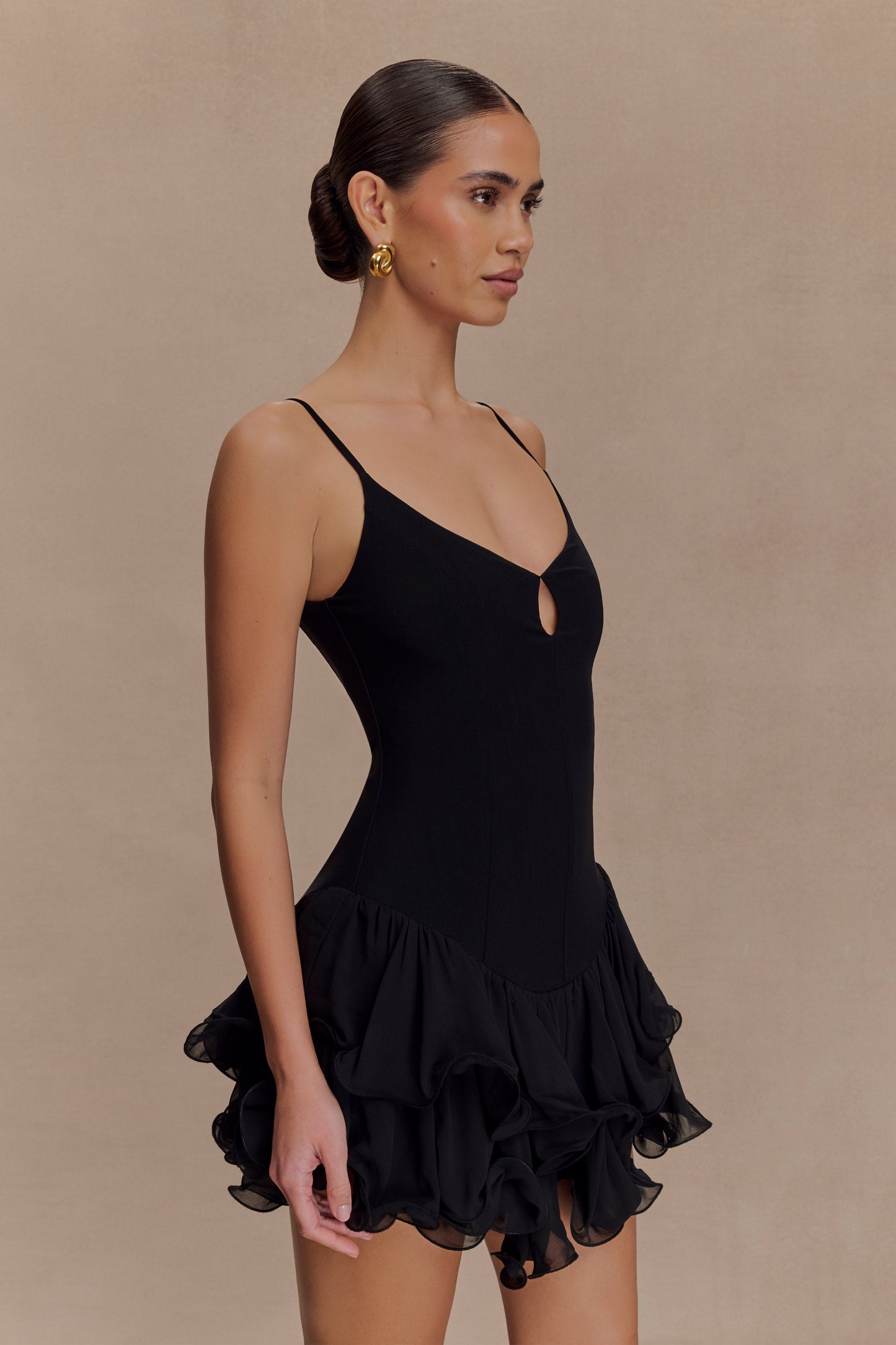 Calantha Ruffle Mesh Mini Dress - Black