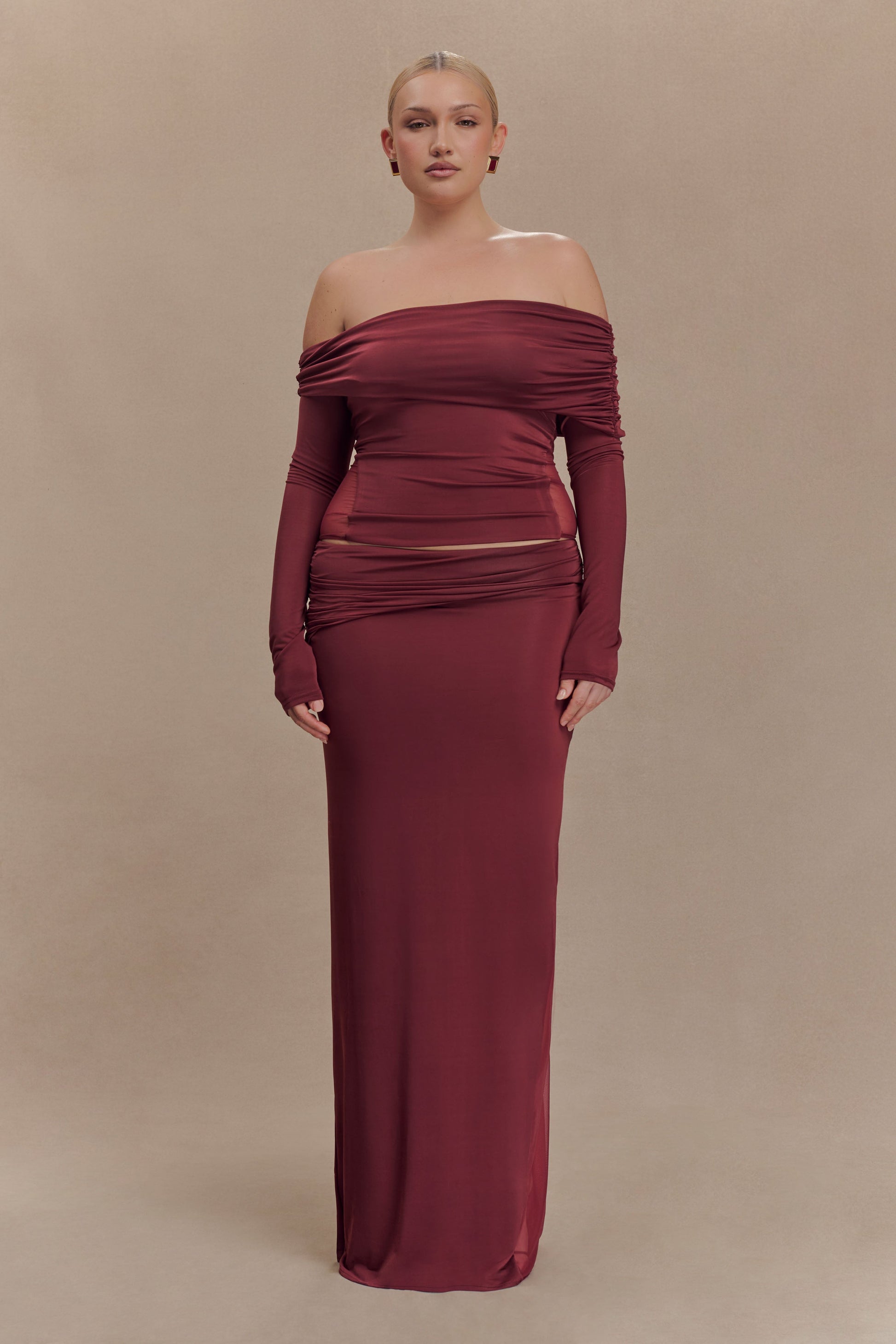 Judy Slinky And Mesh Off Shoulder Top - Wine #7