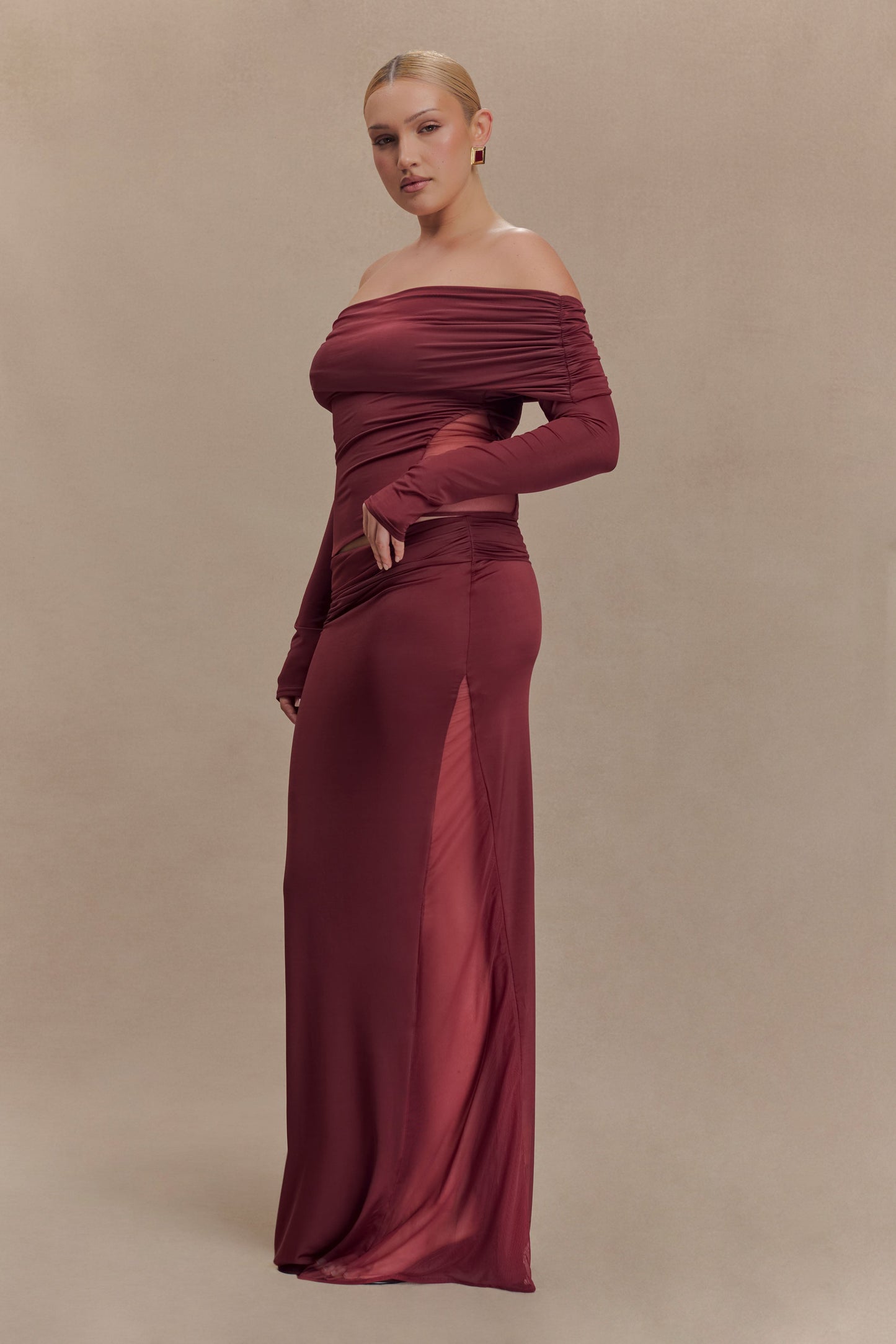 Judy Slinky And Mesh Maxi Skirt - Wine