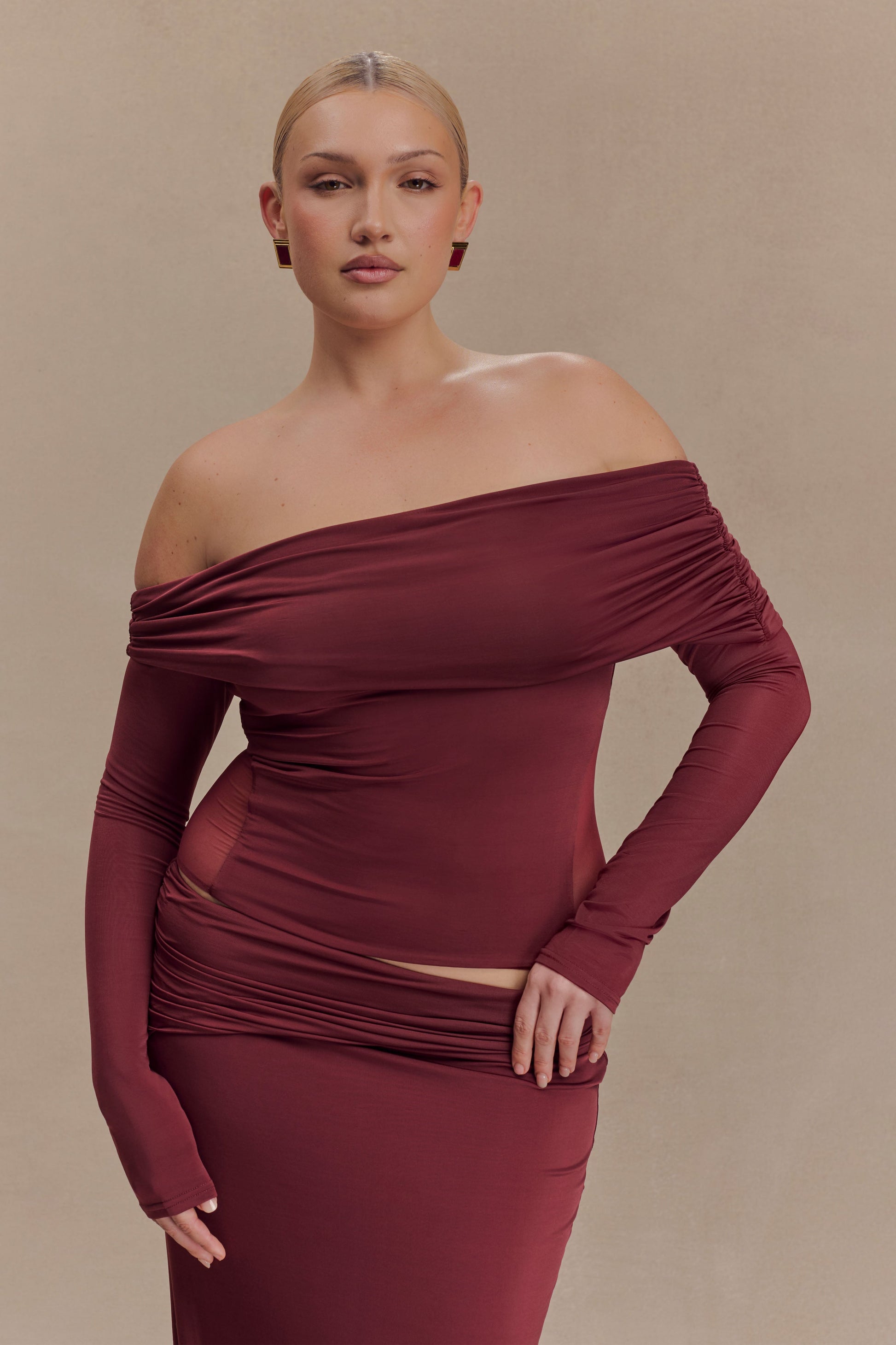 Judy Slinky And Mesh Off Shoulder Top - Wine #5