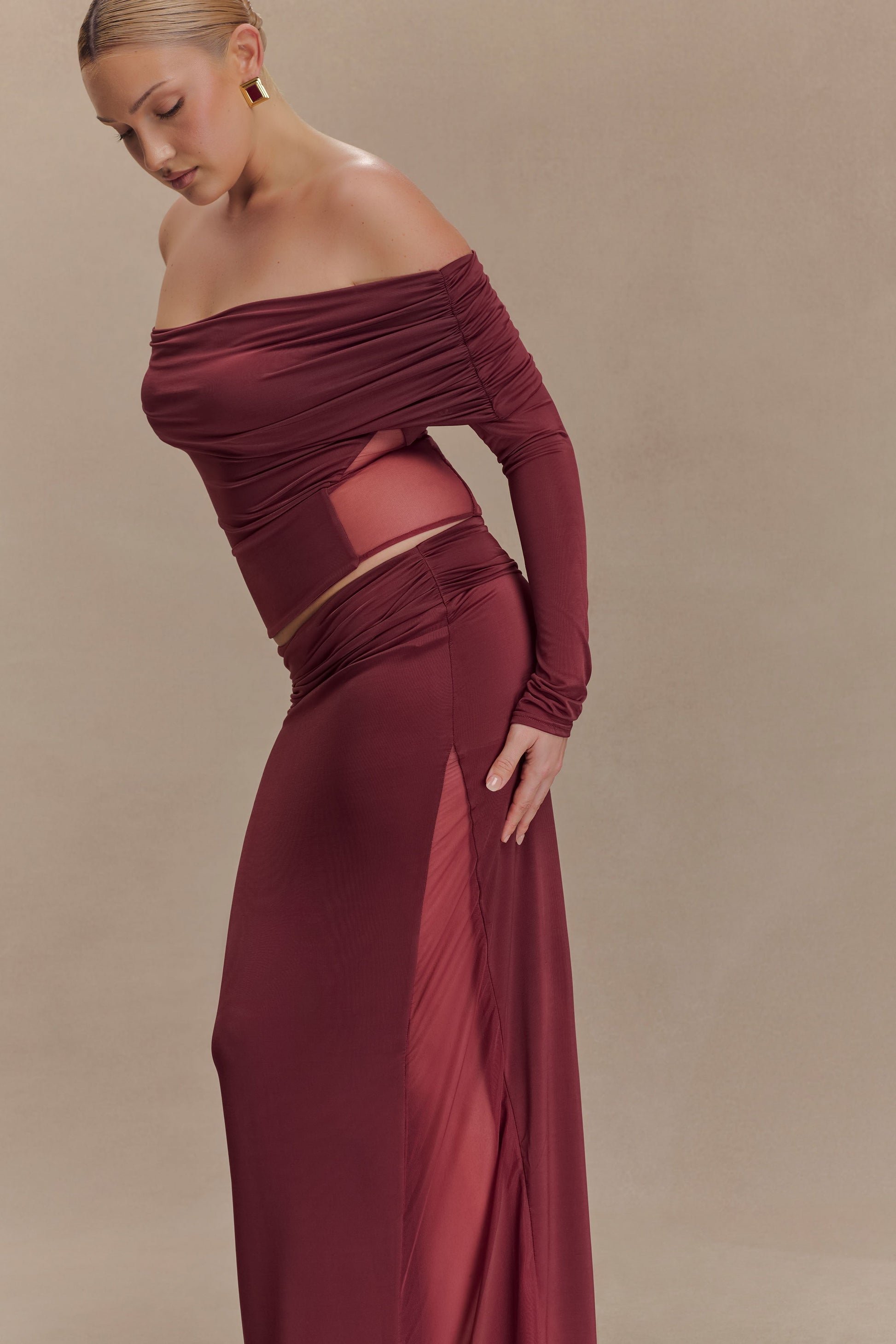 Judy Slinky And Mesh Maxi Skirt - Wine #7