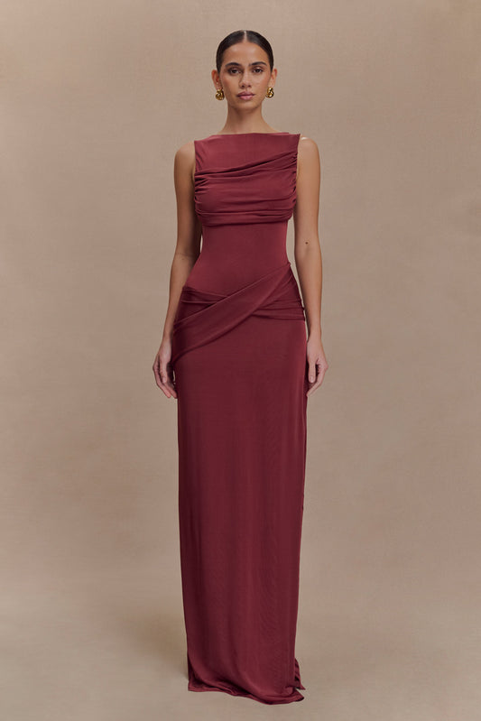 Henley Slinky Drape Maxi Dress - Wine