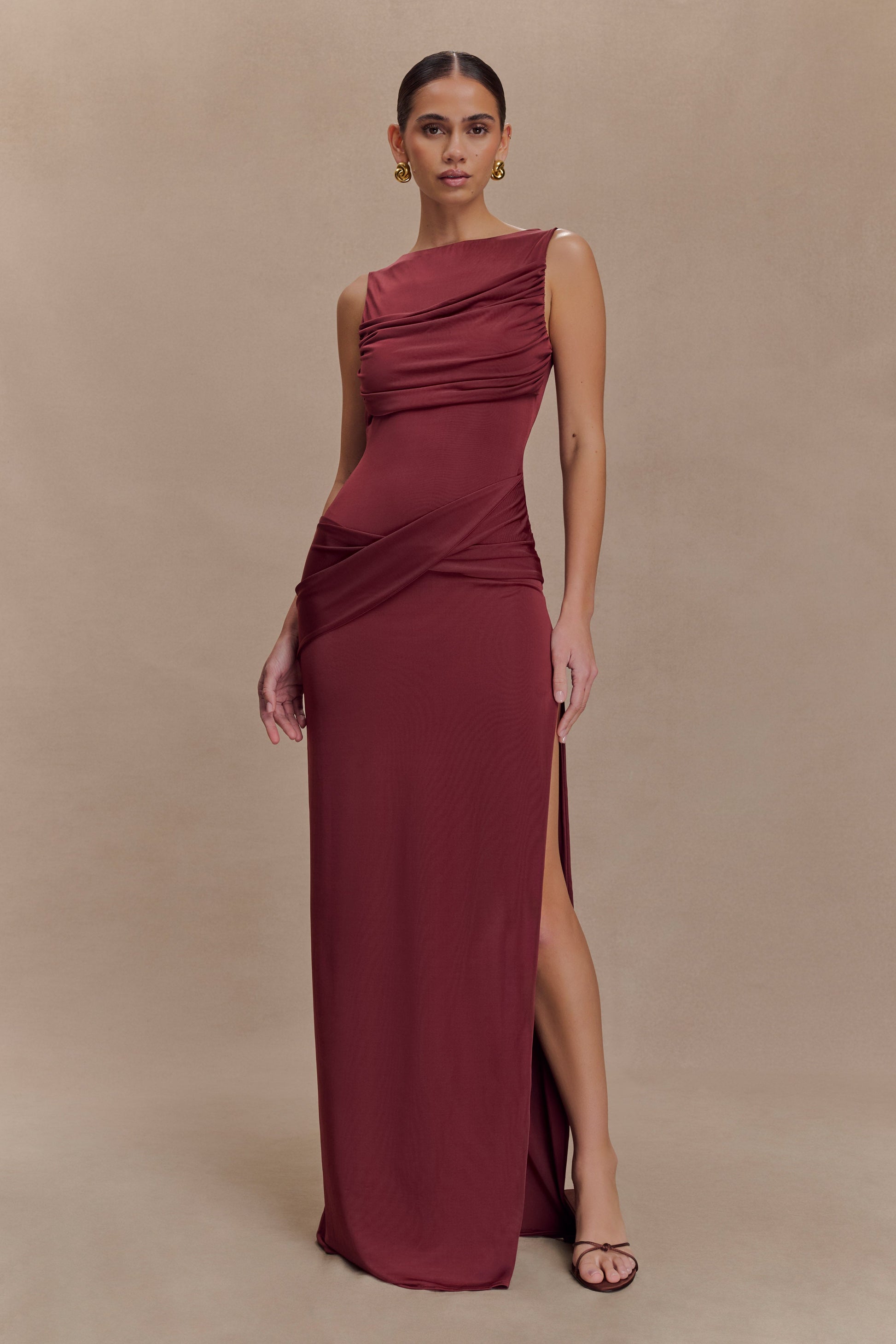 Henley Slinky Drape Maxi Dress - Wine #5