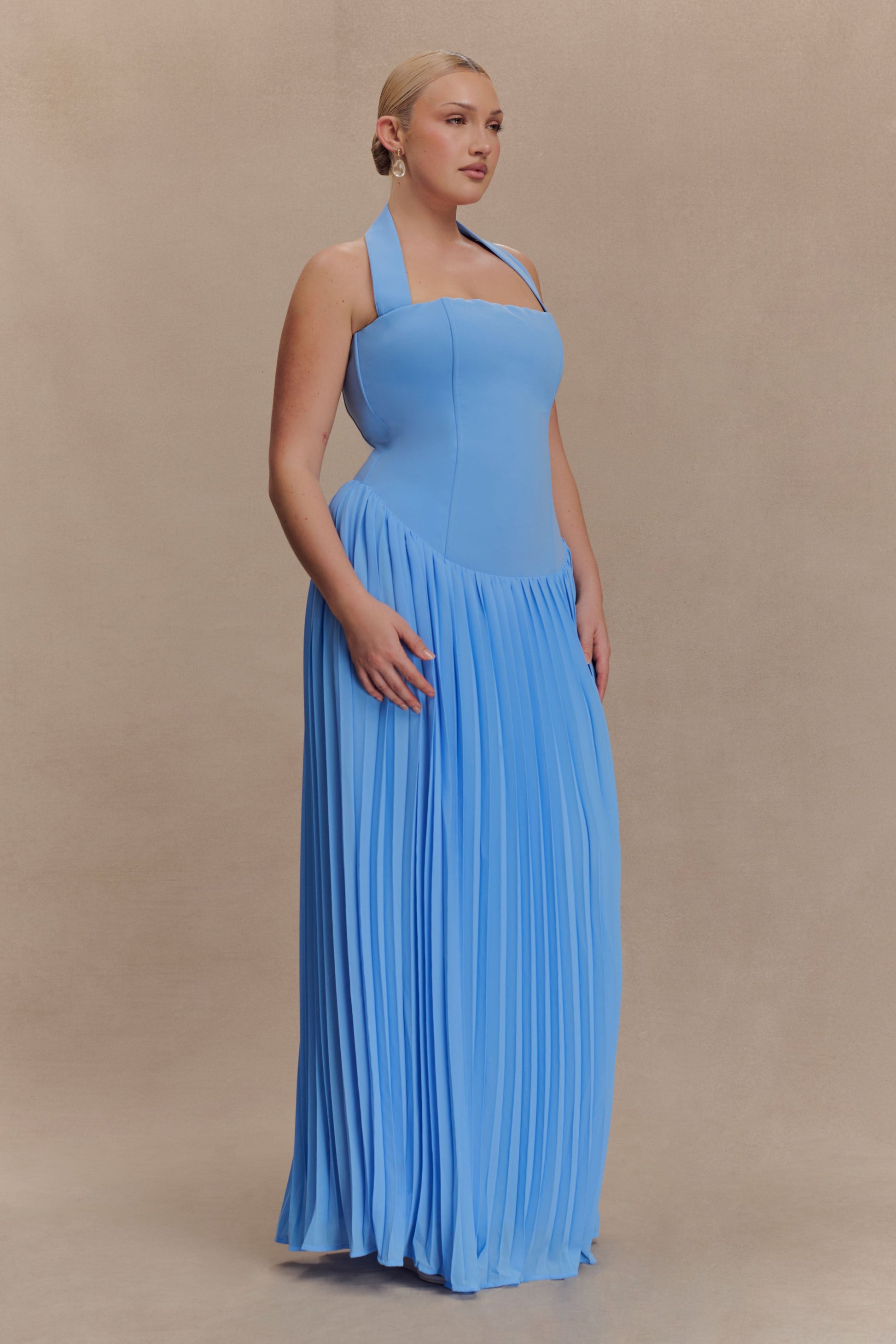 Stacie Pleated Halter Maxi Dress - Bright Blue #4