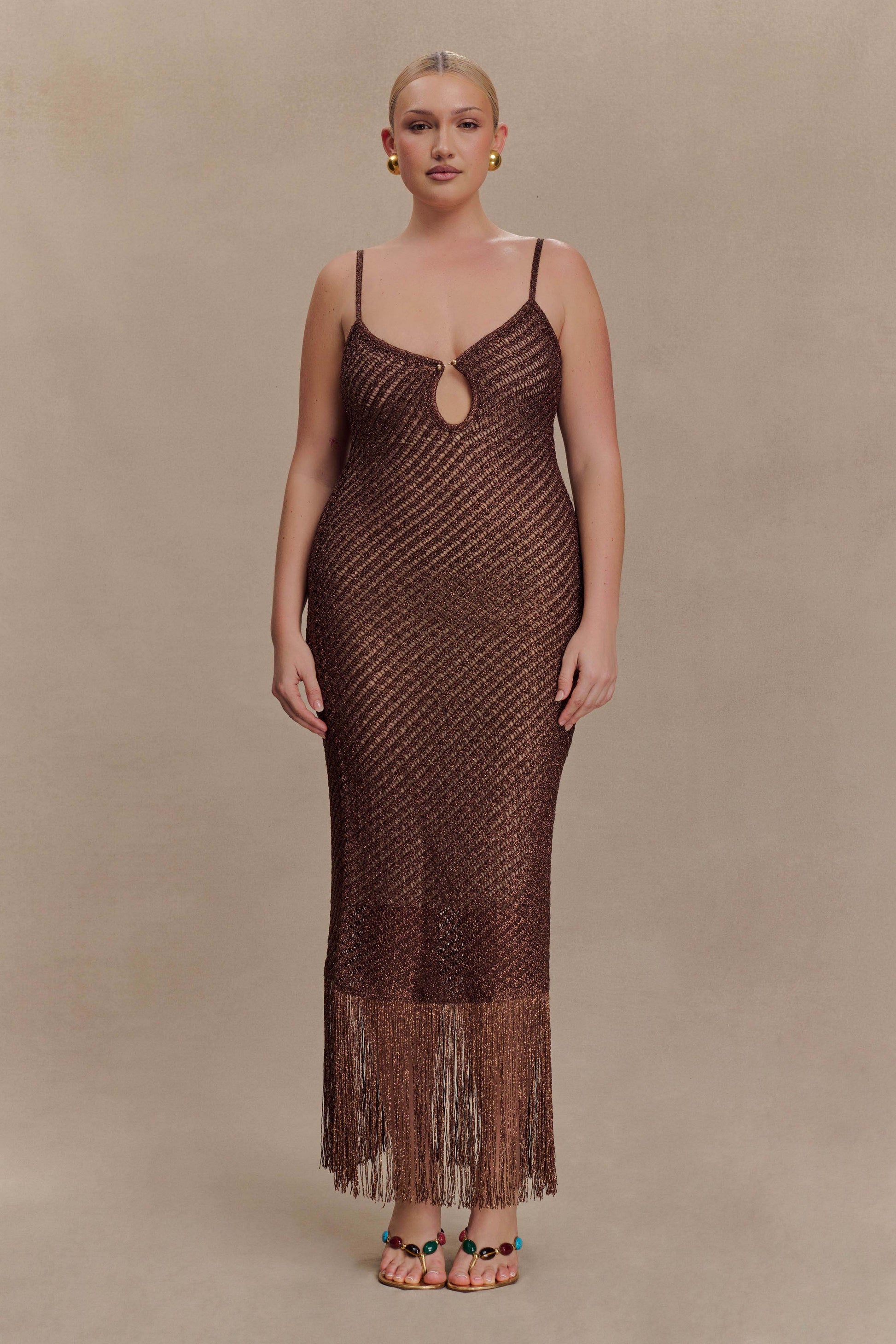Raelynn Metallic Knit Fringe Midi Dress - Dark Chocolate #6
