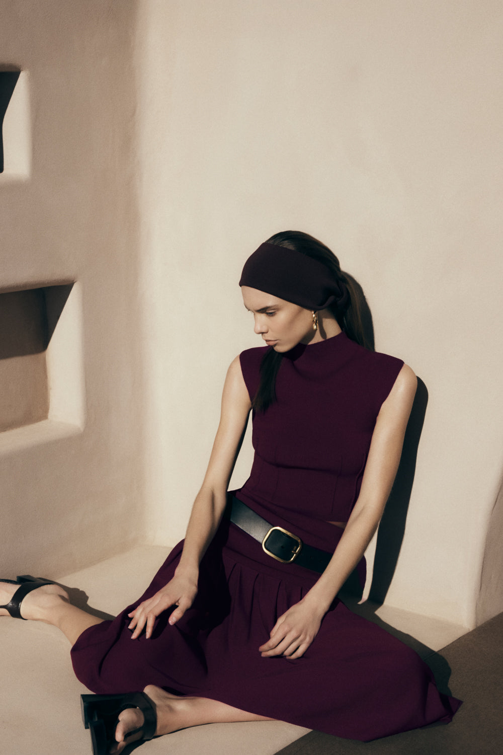 Romaine High Neck Bandage Knit Top - Wine