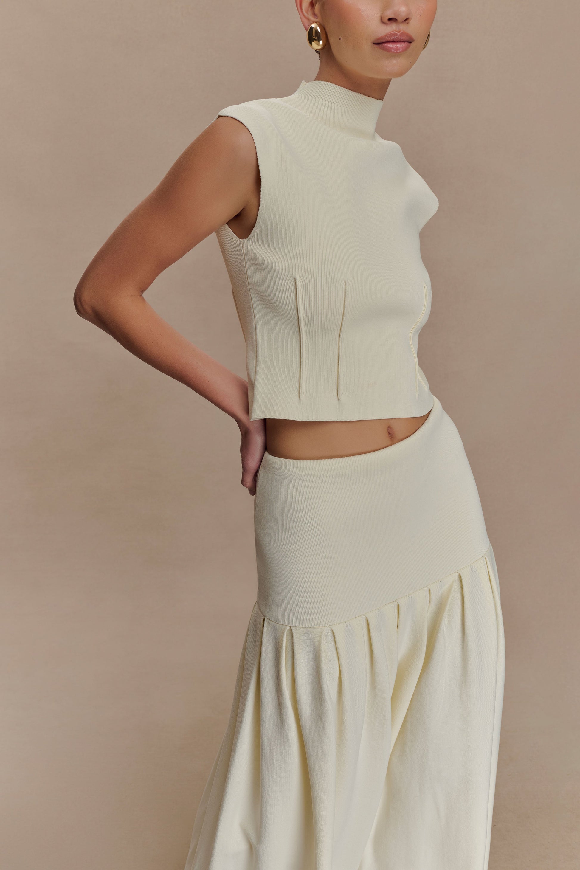 Romaine High Neck Bandage Knit Top - Ivory #3