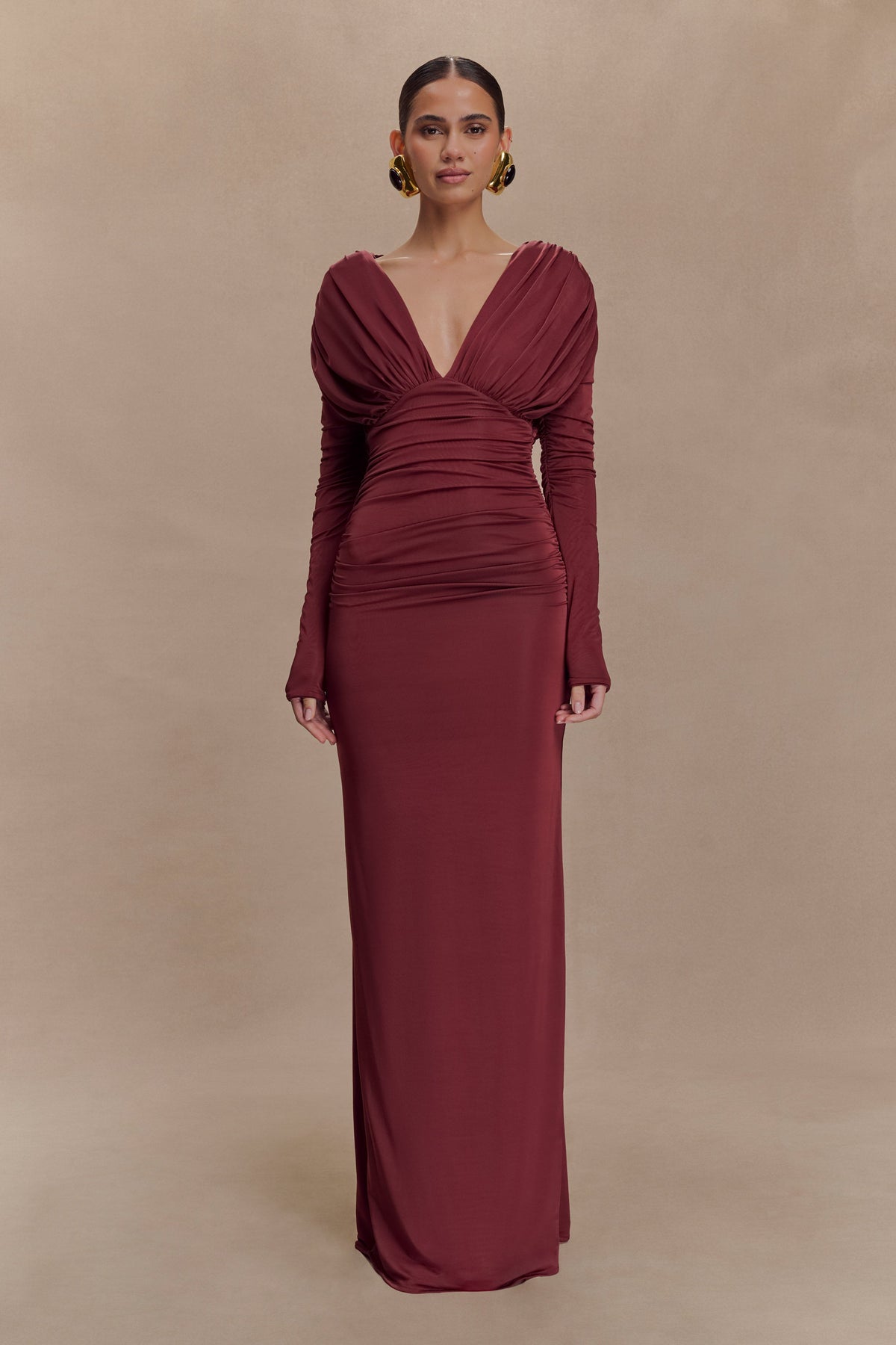 Hayden Long Sleeve Plunge Maxi Dress - Wine #2