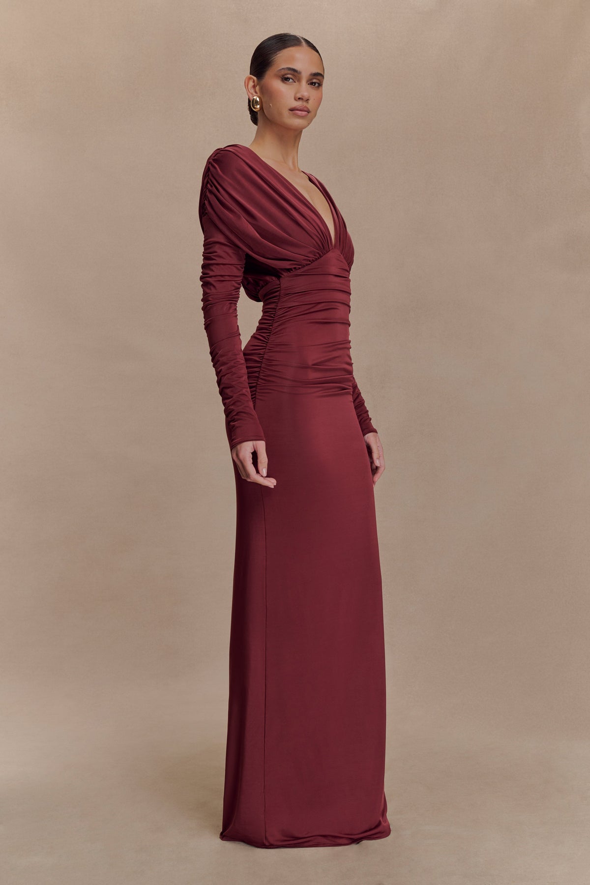 Hayden Long Sleeve Plunge Maxi Dress - Wine #4