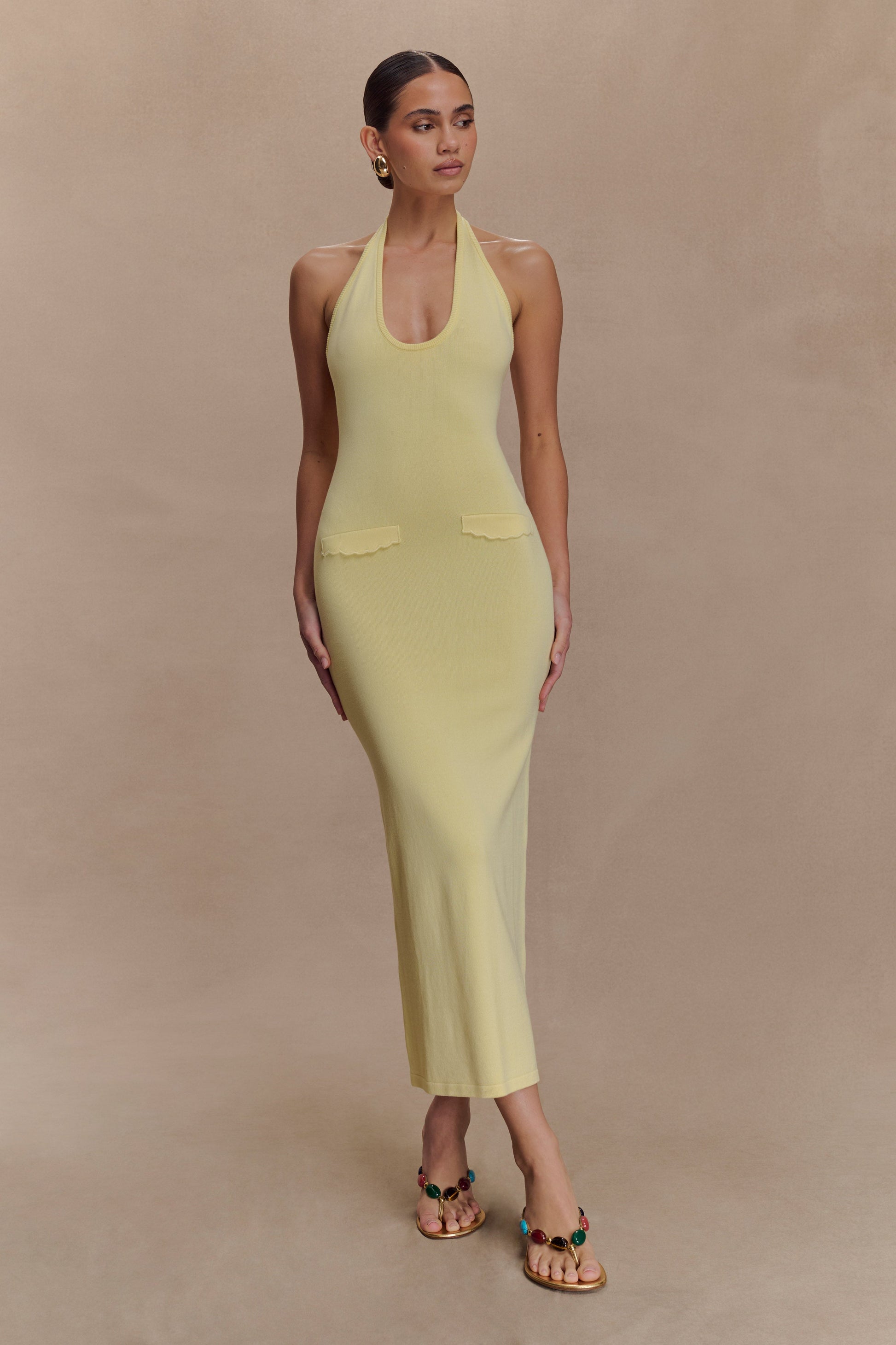 Ovina Halter Neck Knit Midi Dress - Lemon #5