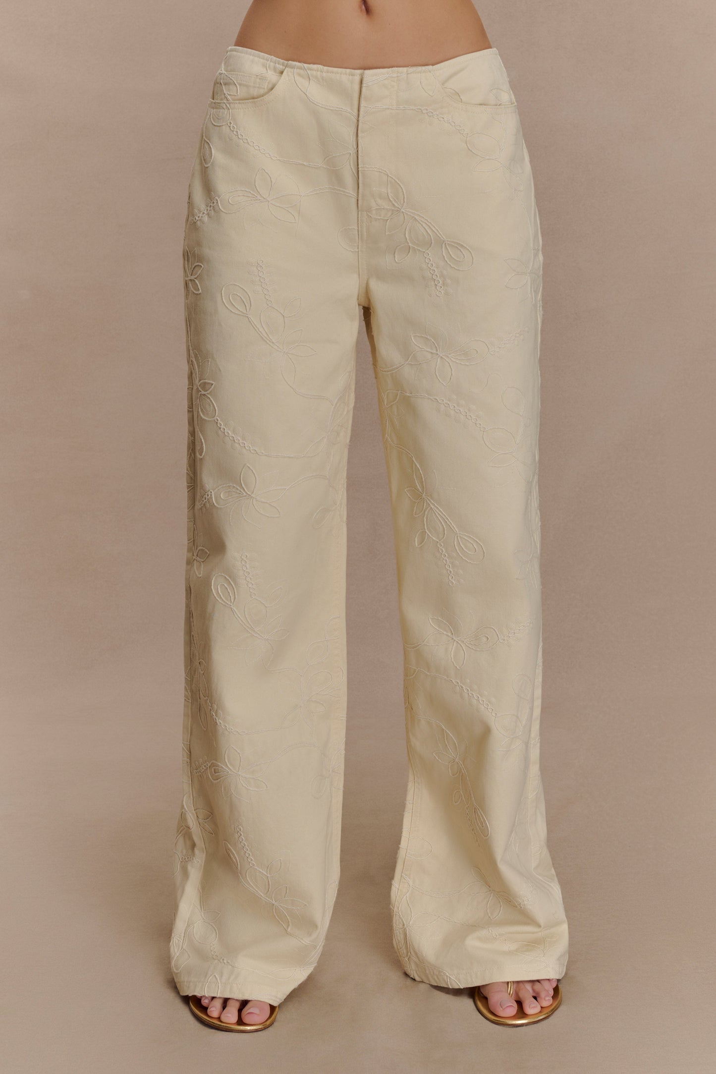 Ebony Embroidered Denim Jeans - Cream