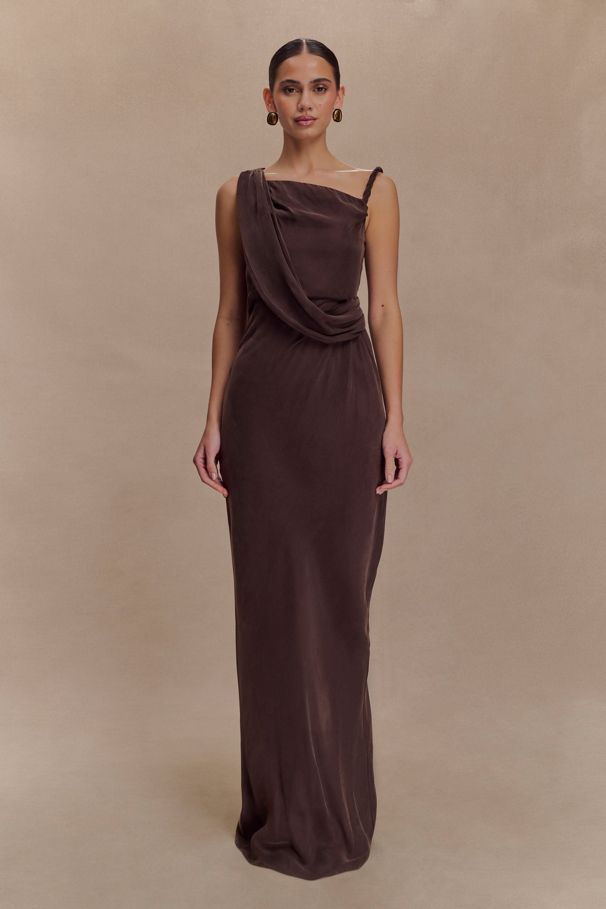 Lorieanne Draped Maxi Dress - Dark Chocolate | MESHKI UK Lorieanne Draped Maxi Dress - Dark Chocolate | MESHKI UK