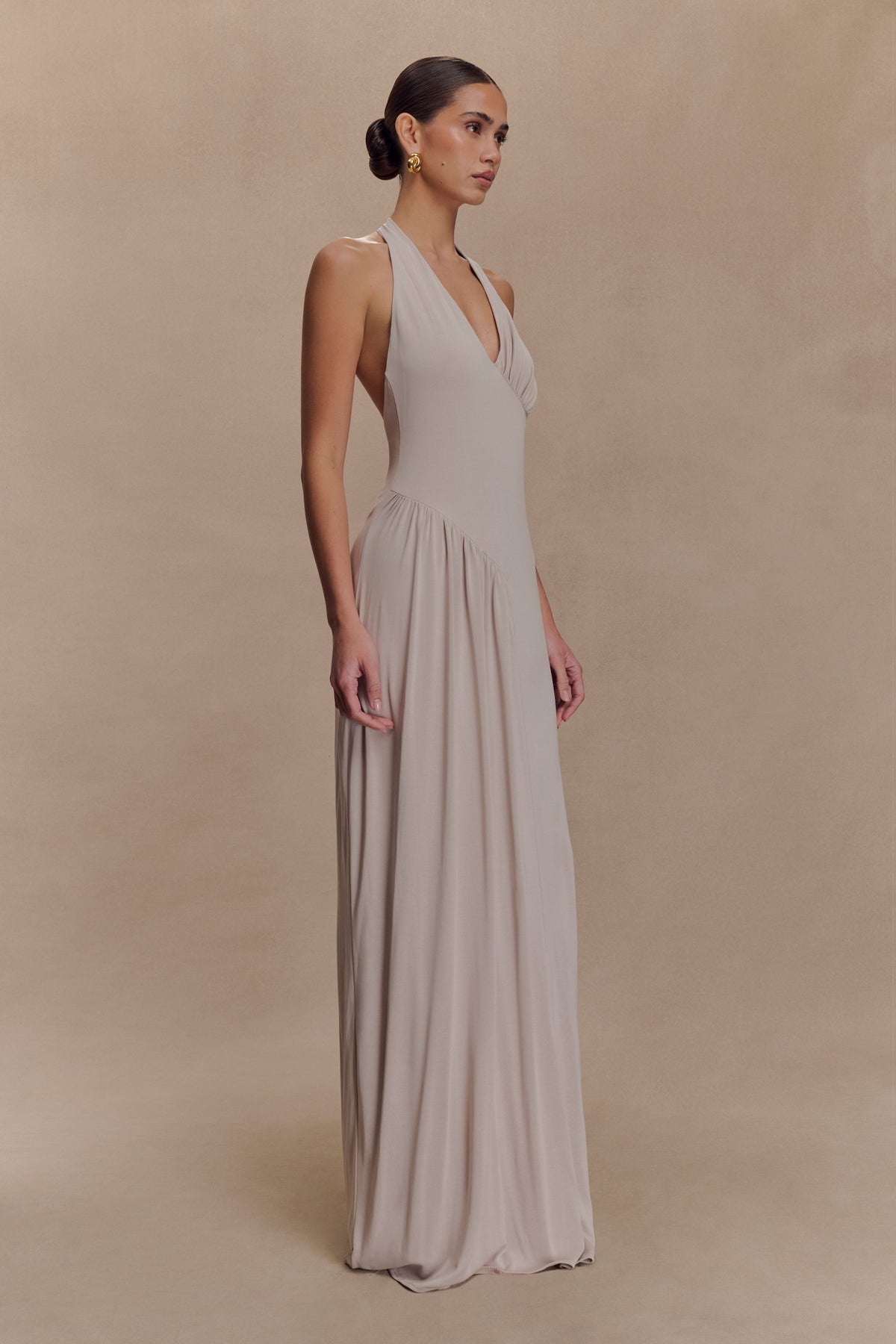 Yelena Ruched Halter Maxi Dress - Taupe