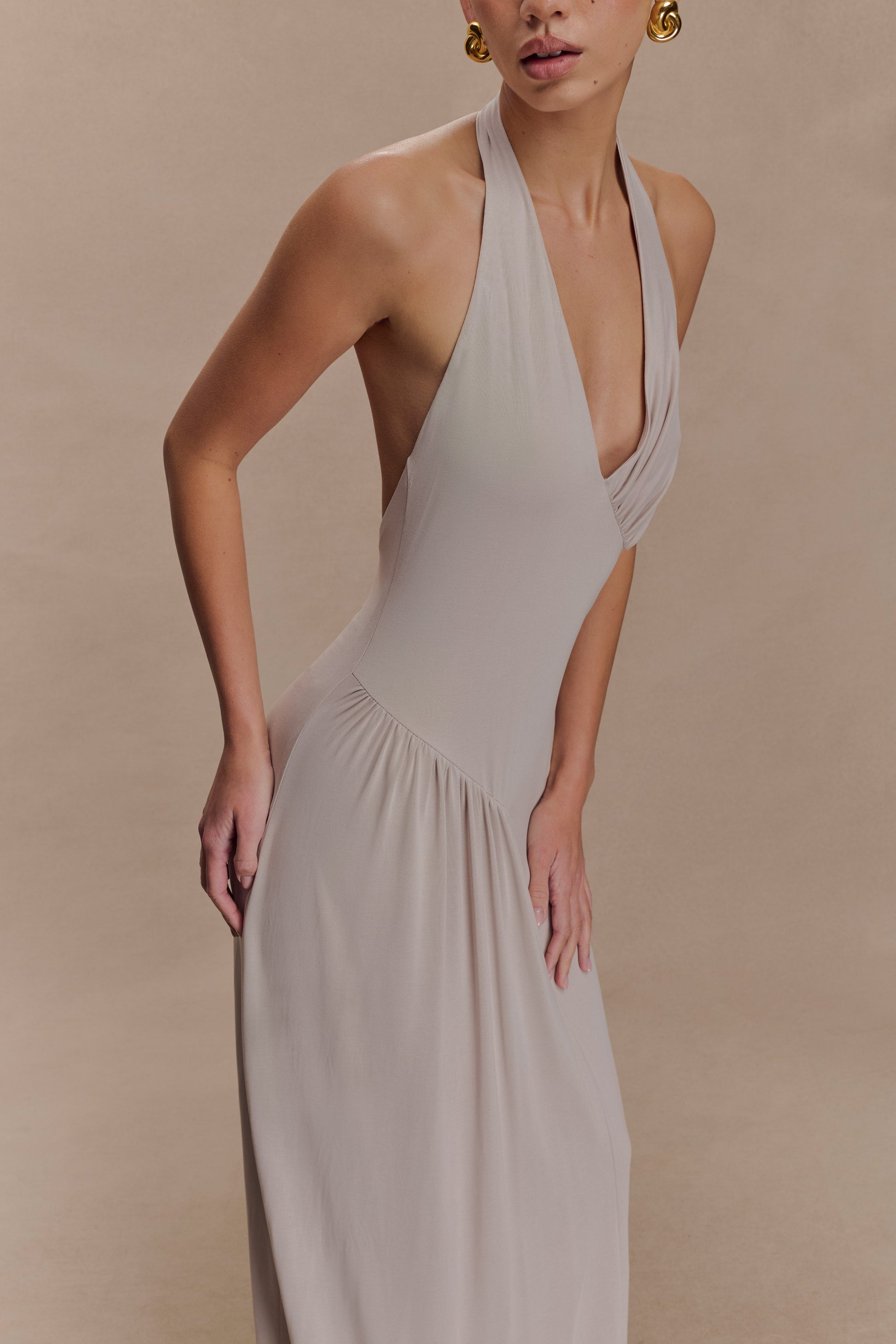 Yelena Ruched Halter Maxi Dress - Taupe #3