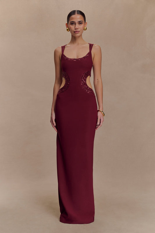 Angelique Beaded Crepe Maxi Dress - Wine