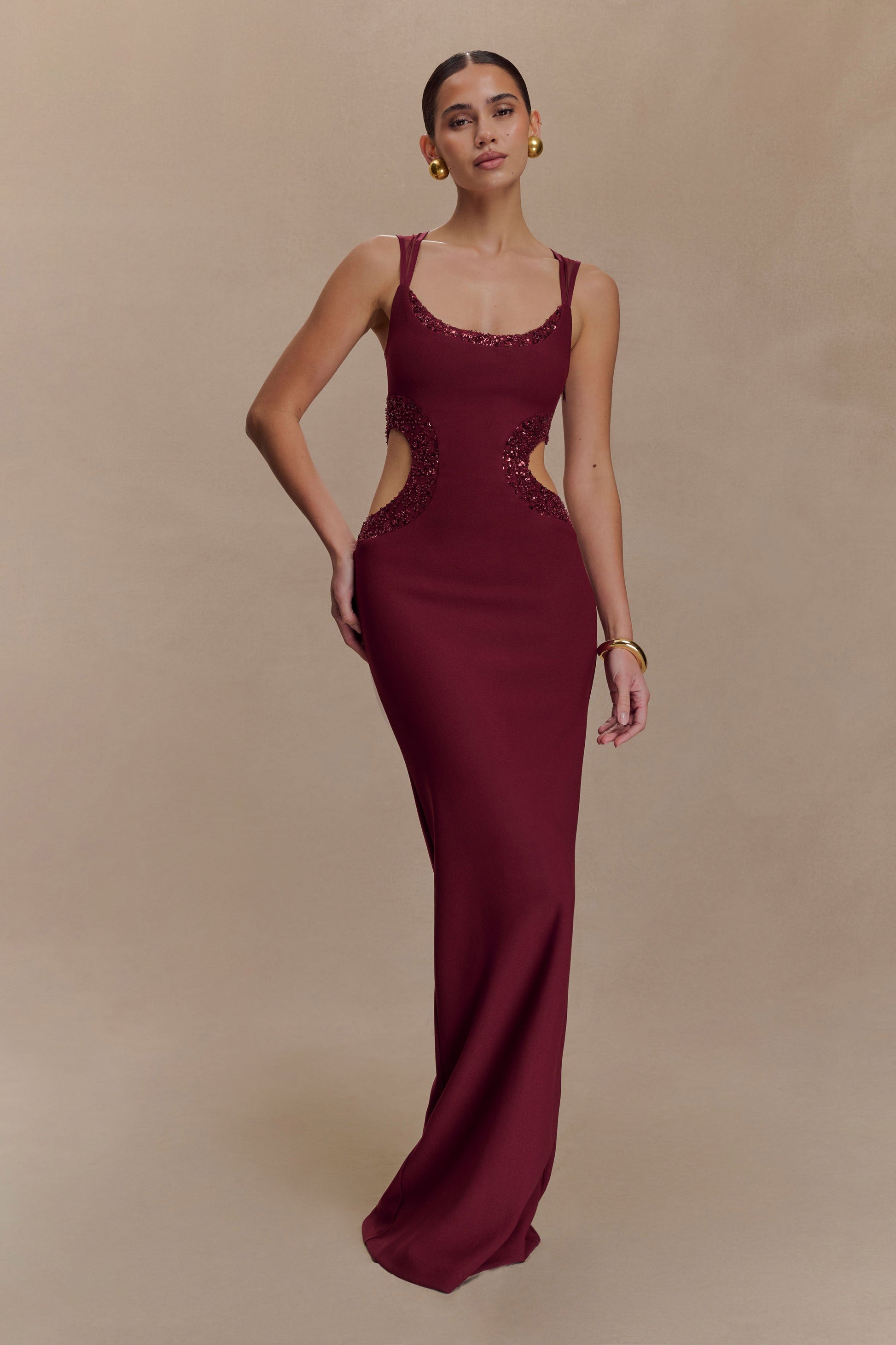 Angelique Beaded Crepe Maxi Dress - Wine #5