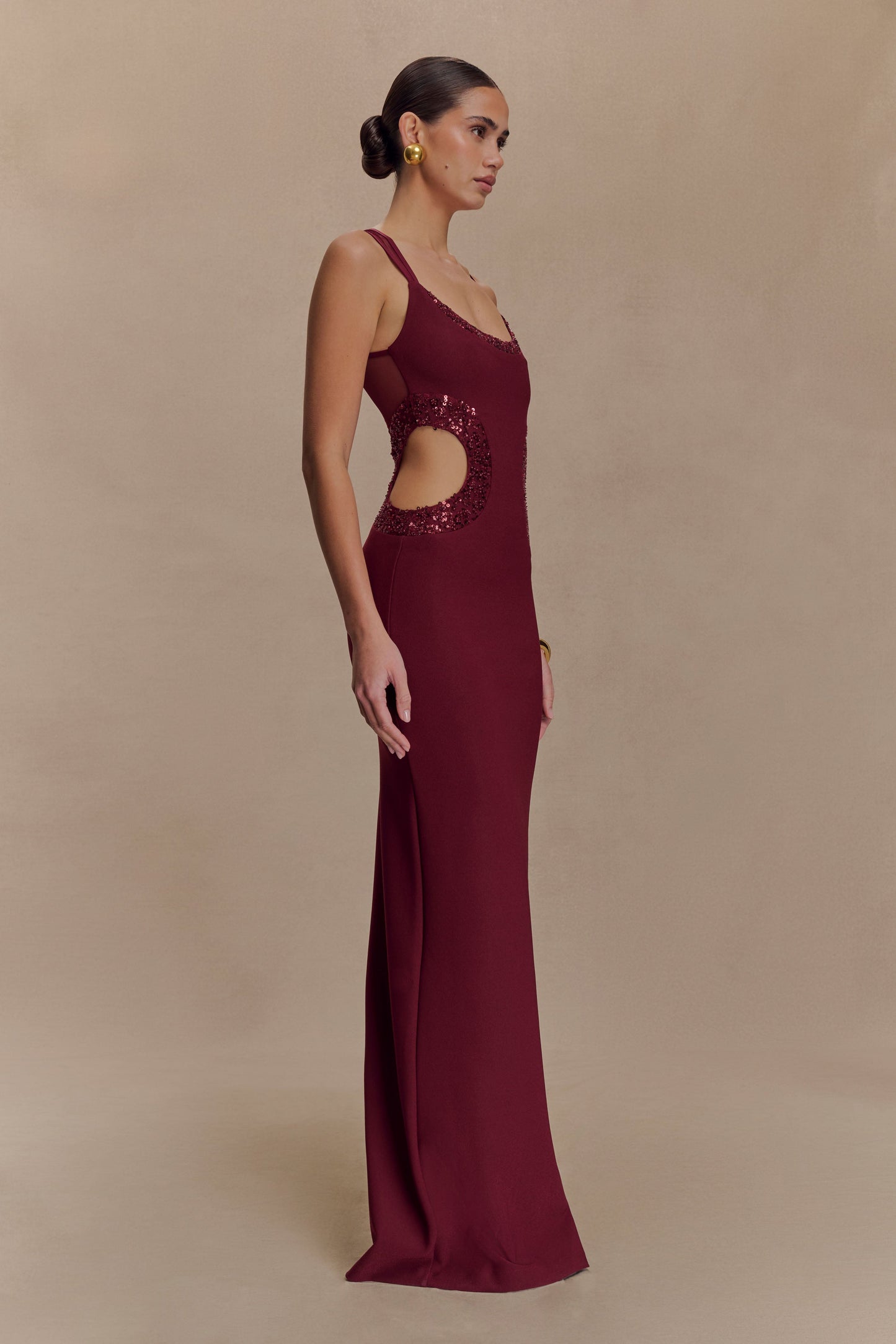 Angelique Beaded Crepe Maxi Dress - Wine