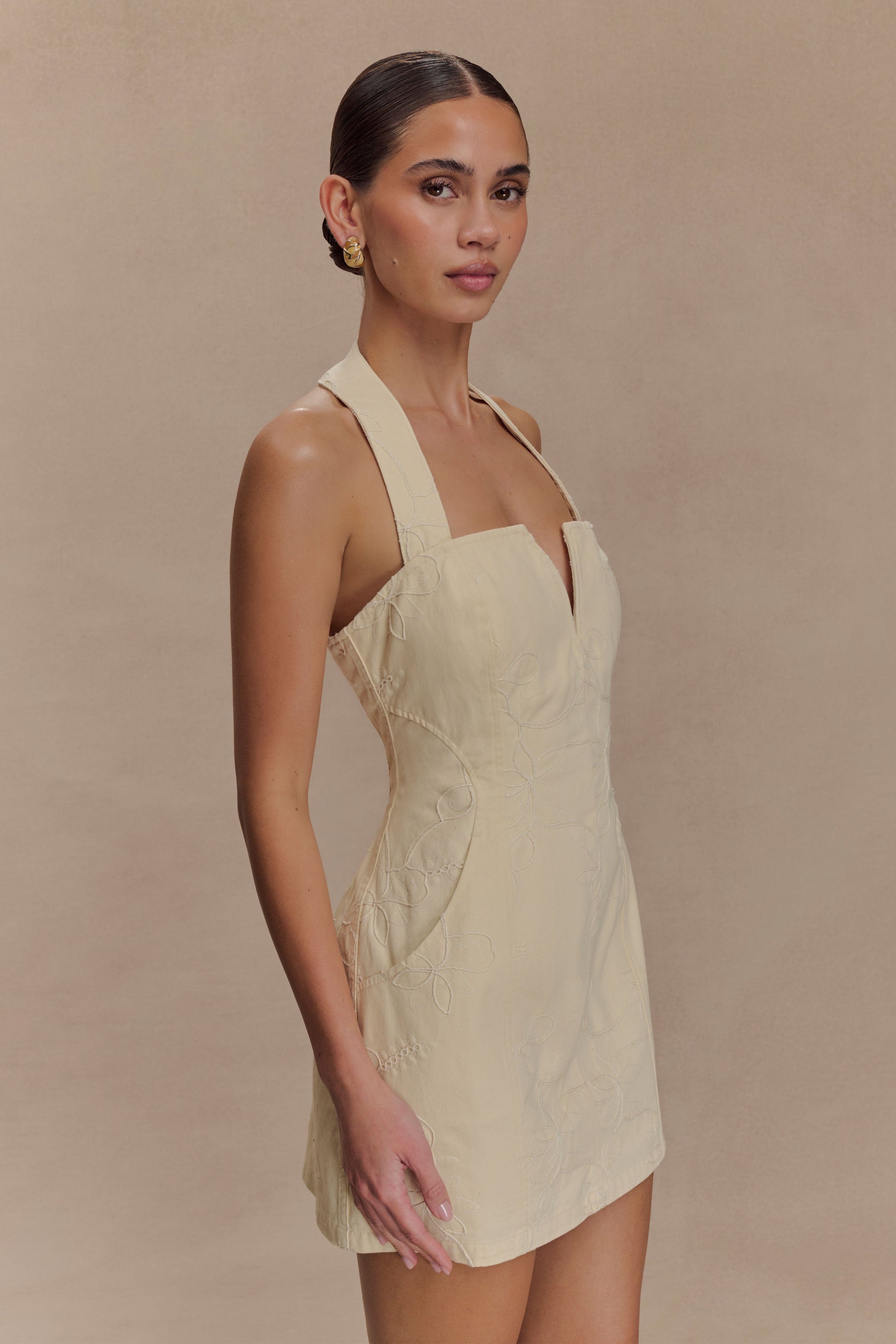 Ebony Embroidered Denim Mini Dress - Cream #4